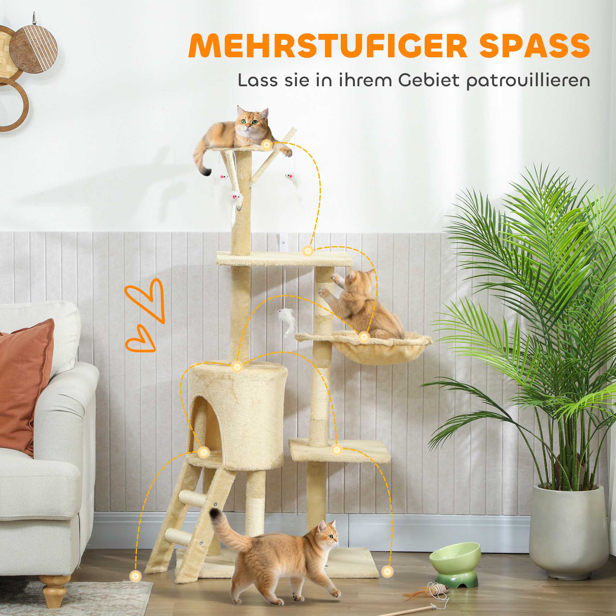 Klösträd med grotta, sisalstolpar, leksaker, beige, katter <5kg