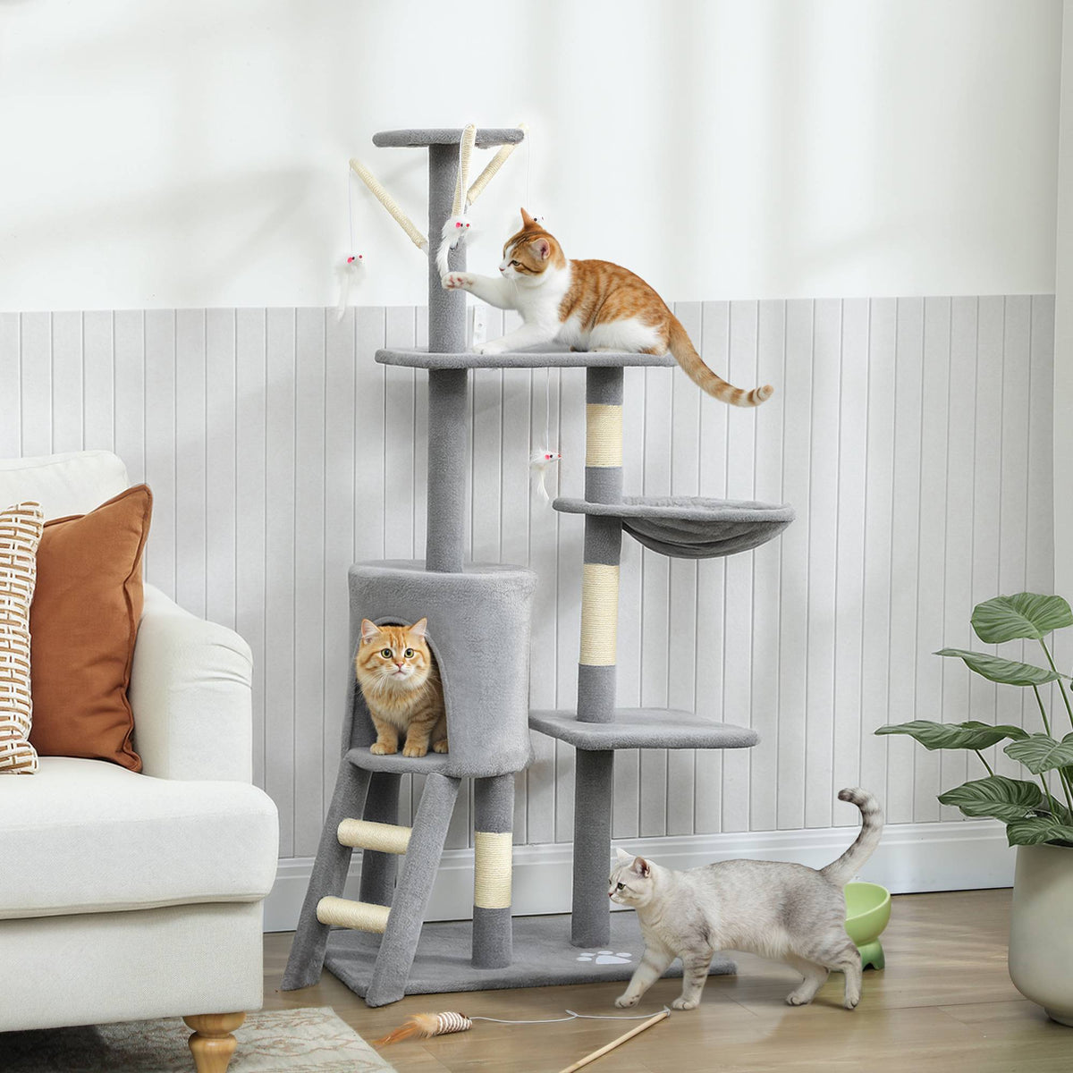 Kattetre med hule, sisalstolper, leker, for katter <5 kg, grå