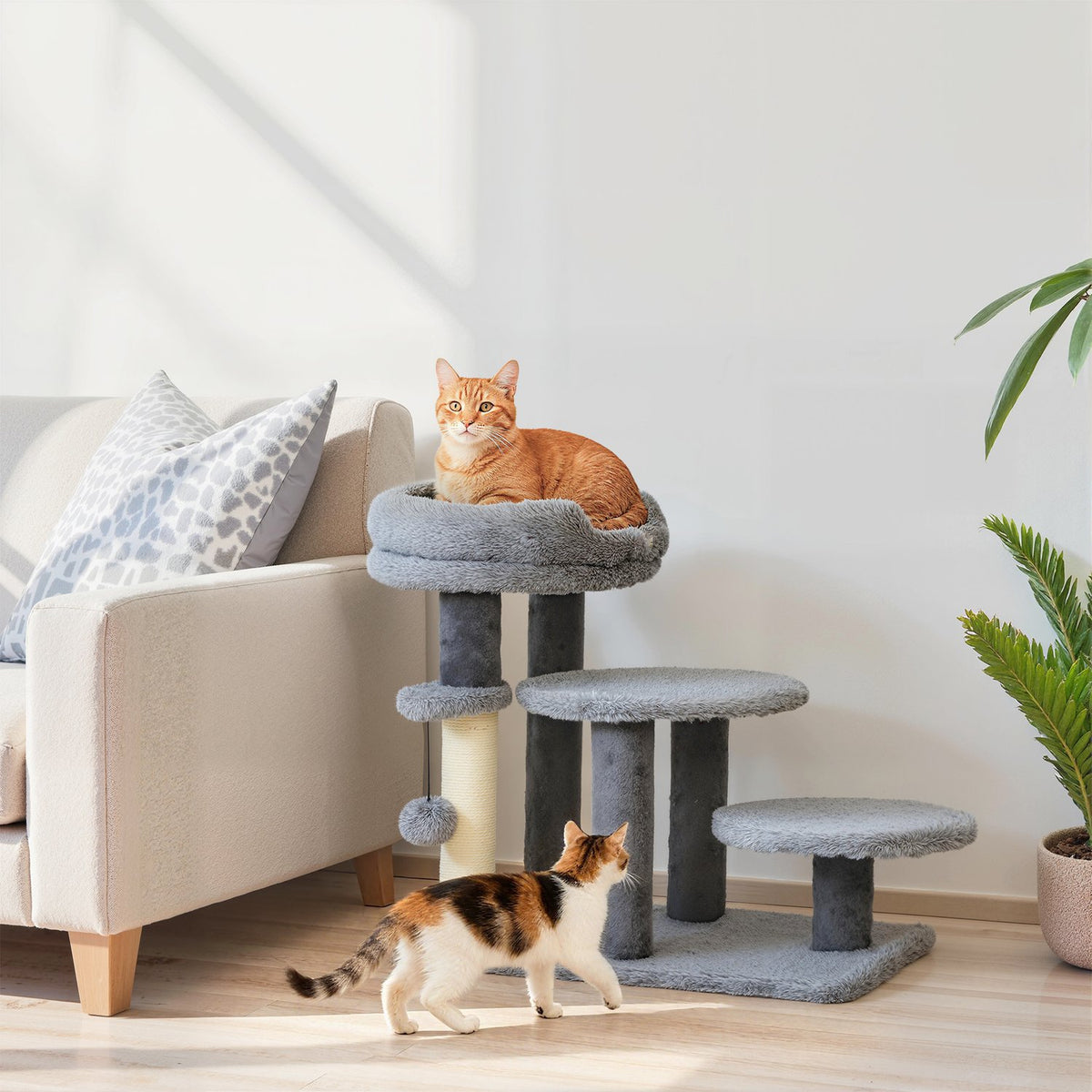 Klatrestativ for katter med sisalstolpe, plysjstoff, bred base, grå