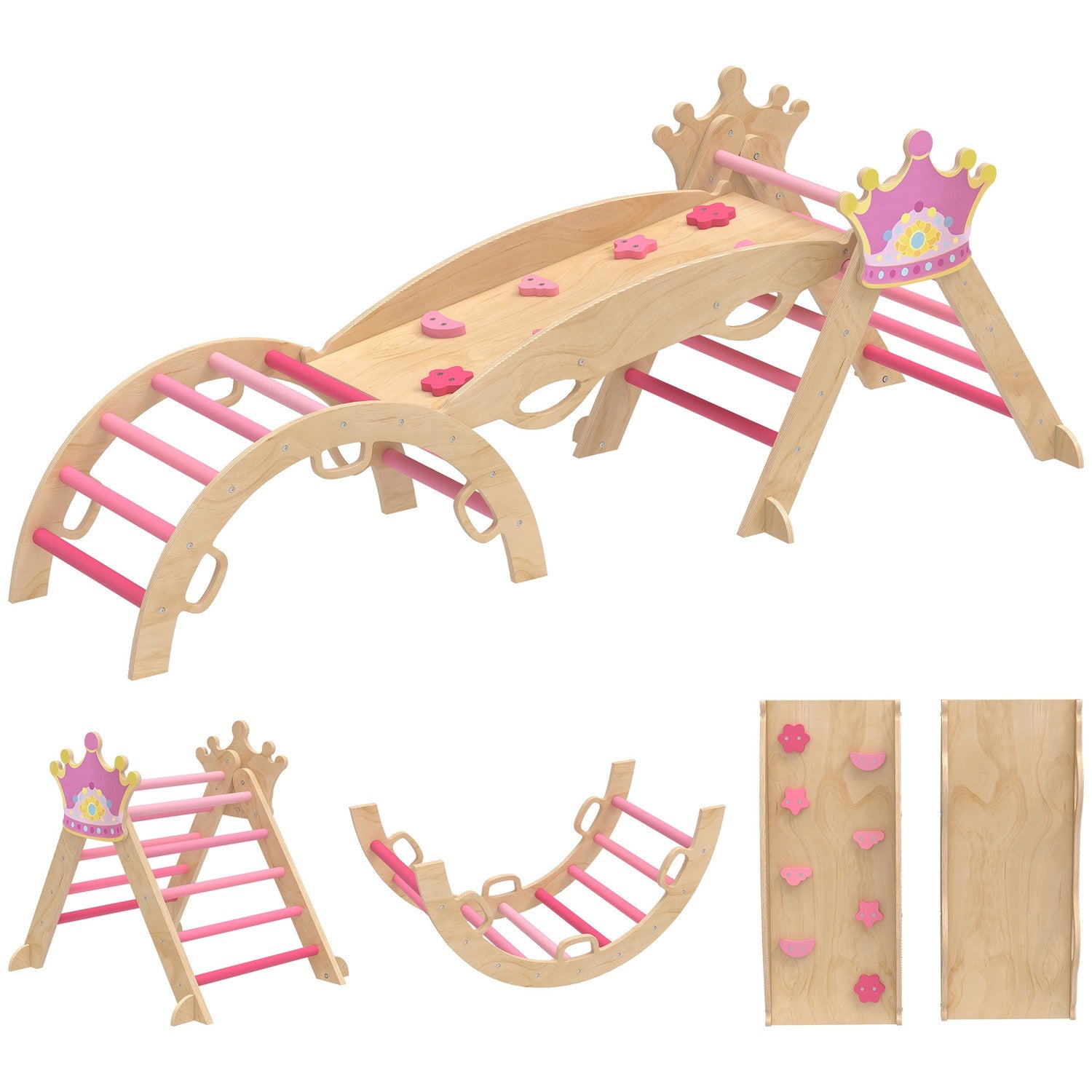 Klatrestativ for barn innendørs – 8-i-1, prinsessedesign, tre