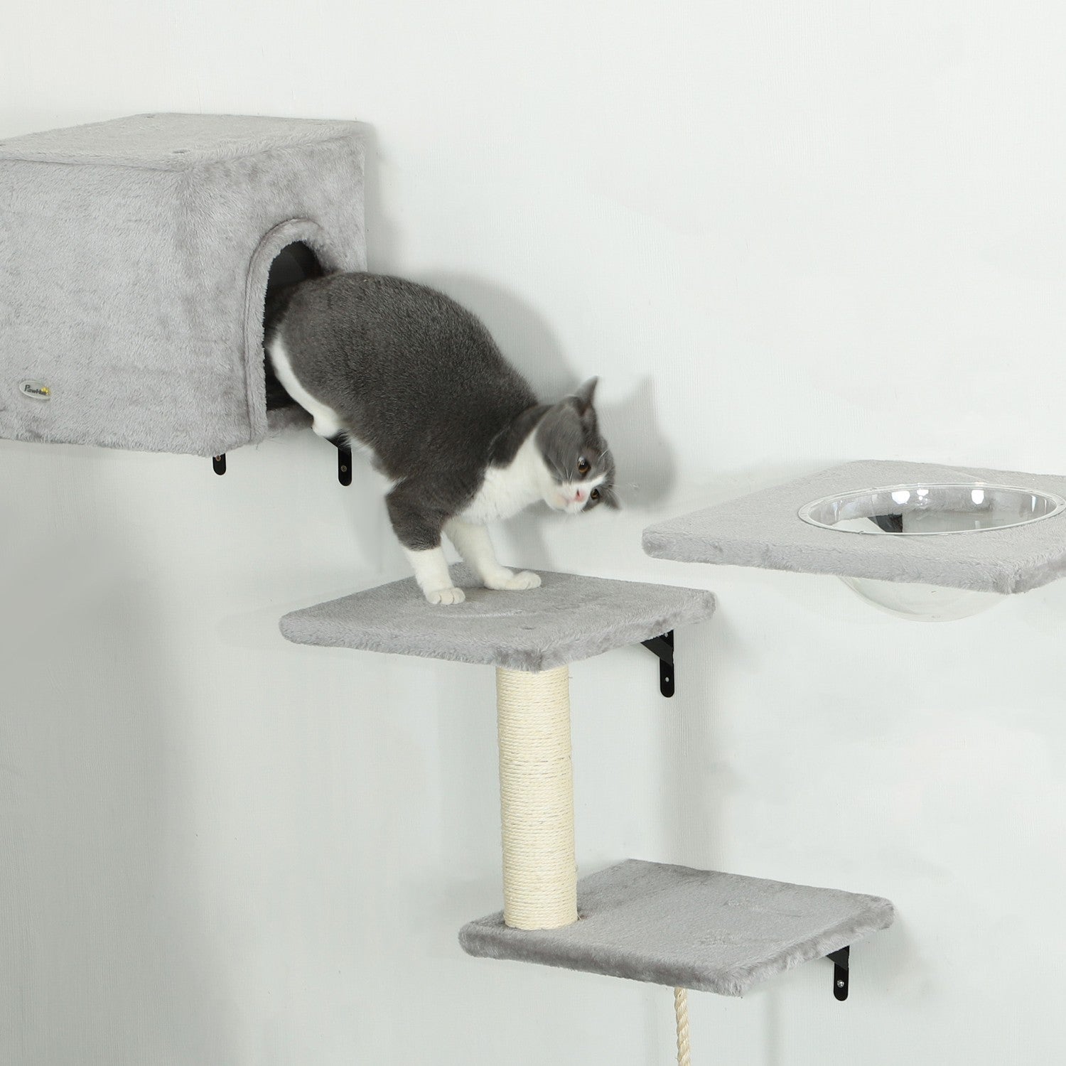 Klättervägg för katter 7-delad kattklätterväggssats med katthus, plattform, plattform grå
