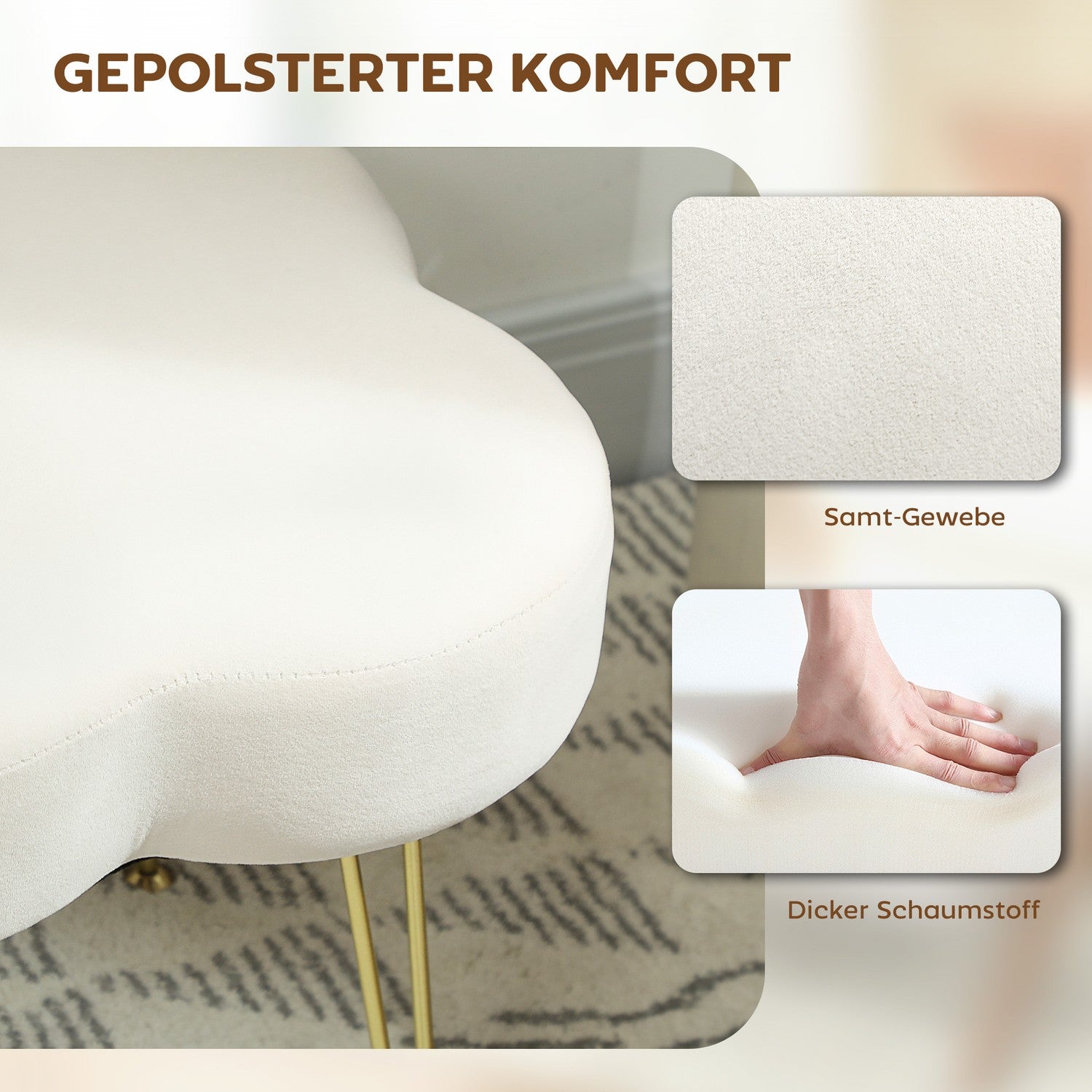 Klöverformad ottomansk, sammetsklädsel, kräm, stålben