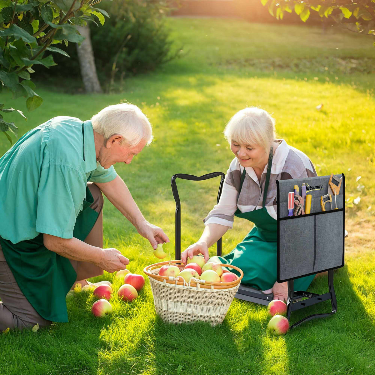 Hageknele- og sittekrakk med verktøylommer, sammenleggbar, kapasitet på 150 kg