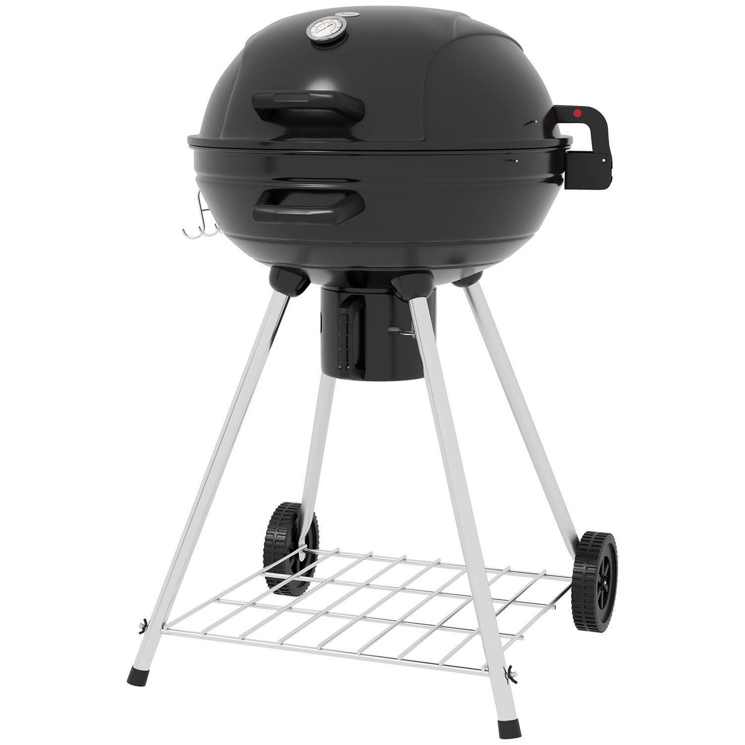 Kolgrill med hjul, hylla och termometer