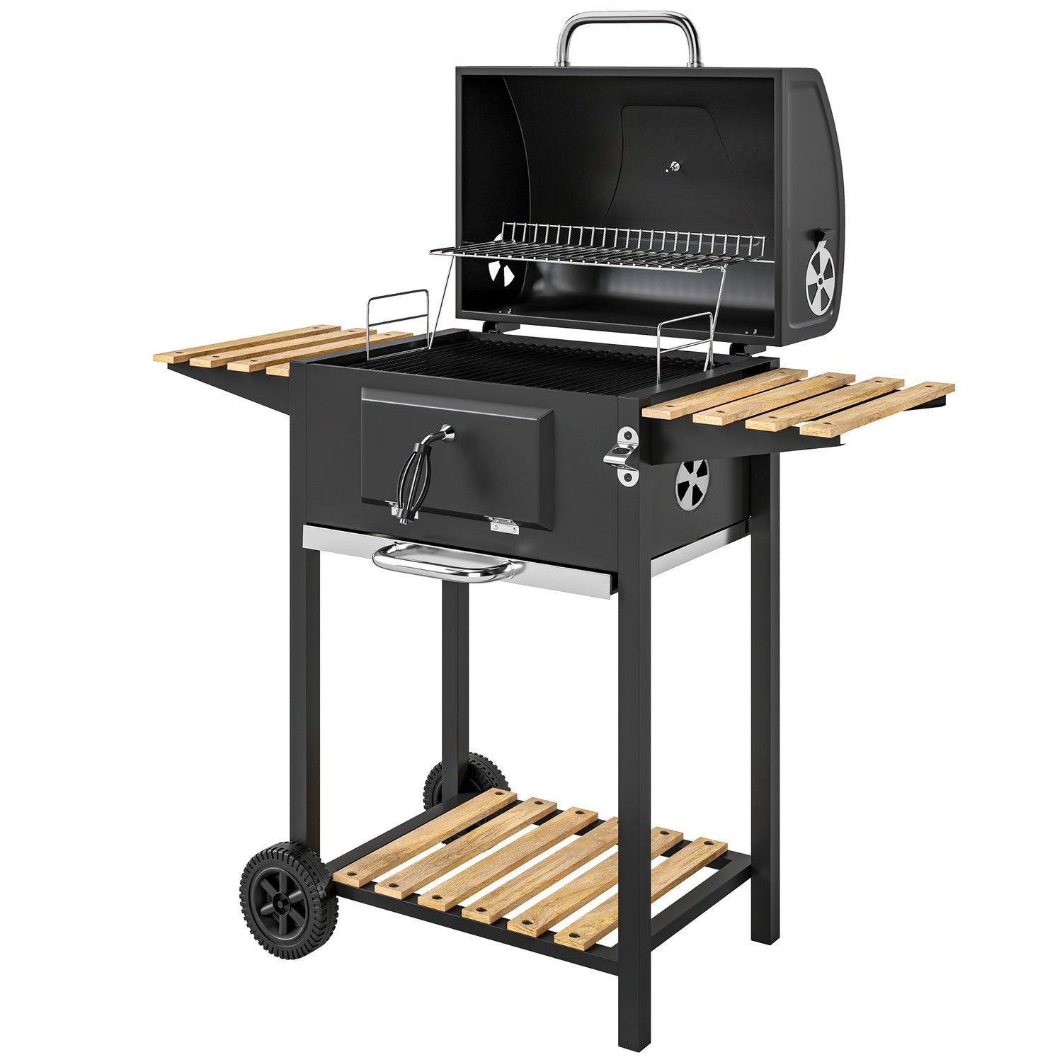 Kolgrill i rostfritt stål, mobil grillvagn med lock, termometer, grillgaller, hjul, justerbart handtag, kolbricka, kolgrillvagn med vedhylla, BBQ rökare för camping, trädgård 112x58x107cm |