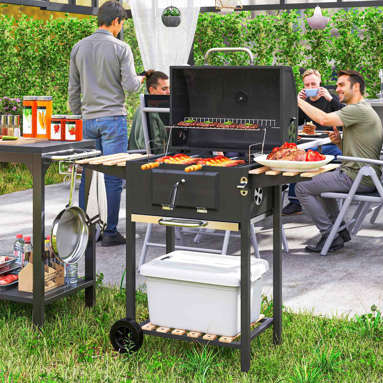 Kolgrill i rostfritt stål, mobil grillvagn med lock, termometer, grillgaller, hjul, justerbart handtag, kolbricka, kolgrillvagn med vedhylla, BBQ rökare för camping, trädgård 112x58x107cm |