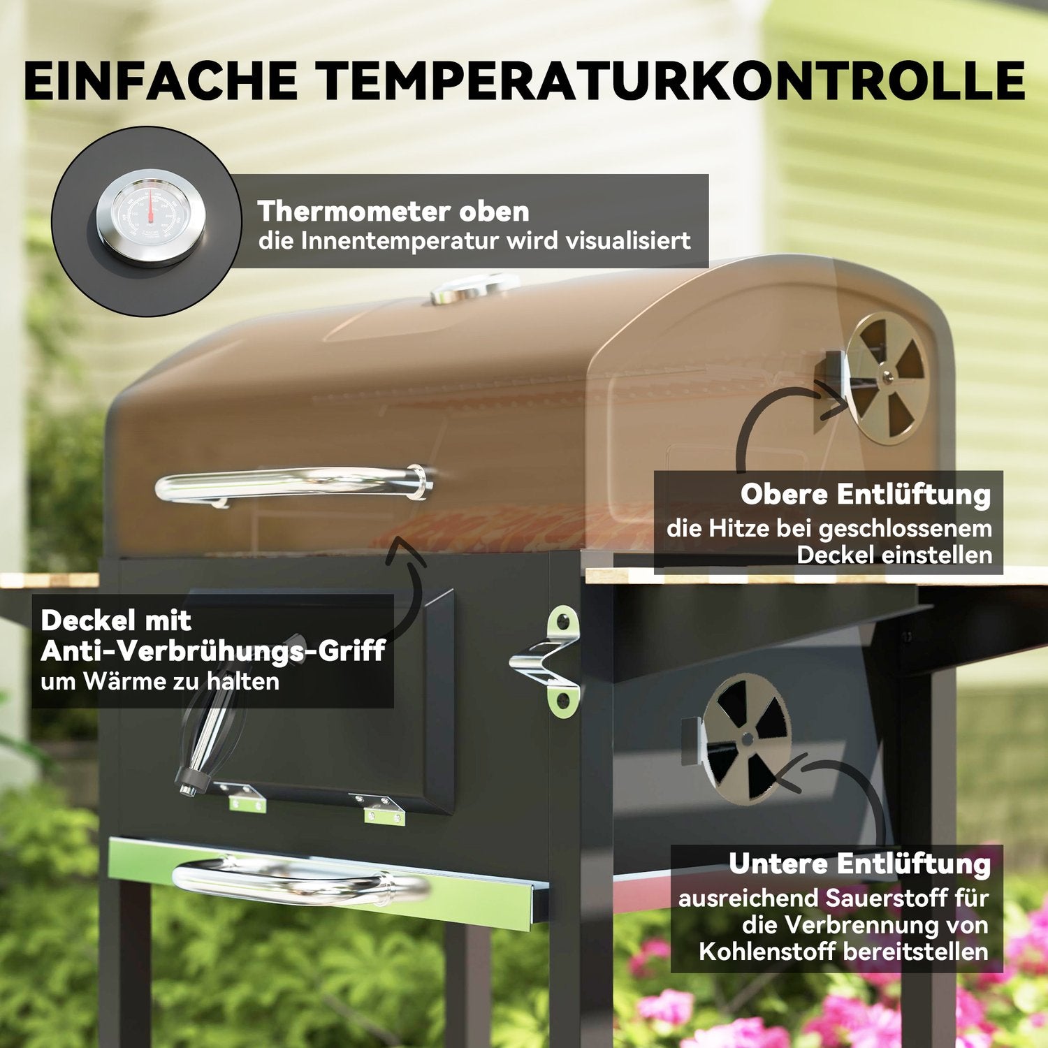 Kolgrill i rostfritt stål, mobil grillvagn med lock, termometer, grillgaller, hjul, justerbart handtag, kolbricka, kolgrillvagn med vedhylla, BBQ rökare för camping, trädgård 112x58x107cm |
