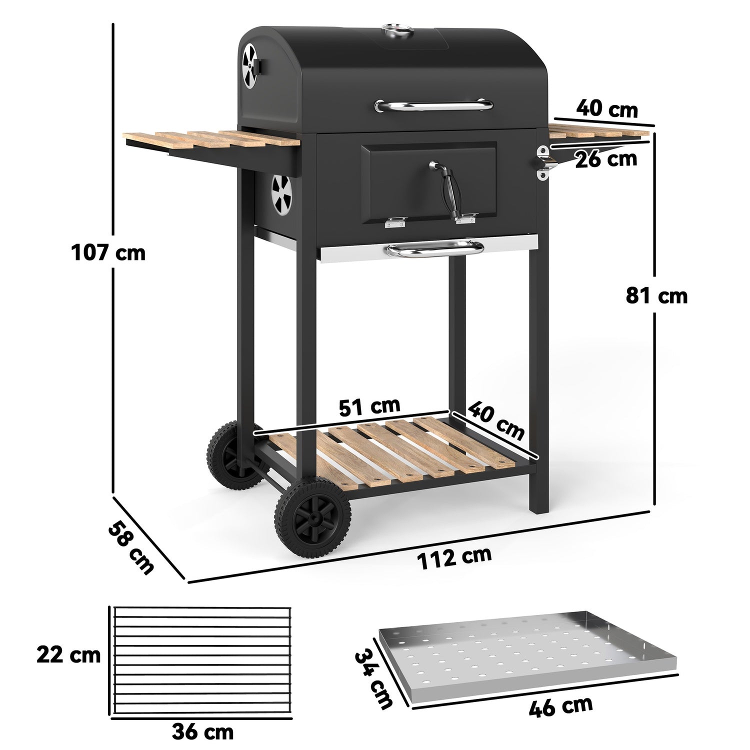 Kolgrill i rostfritt stål, mobil grillvagn med lock, termometer, grillgaller, hjul, justerbart handtag, kolbricka, kolgrillvagn med vedhylla, BBQ rökare för camping, trädgård 112x58x107cm |
