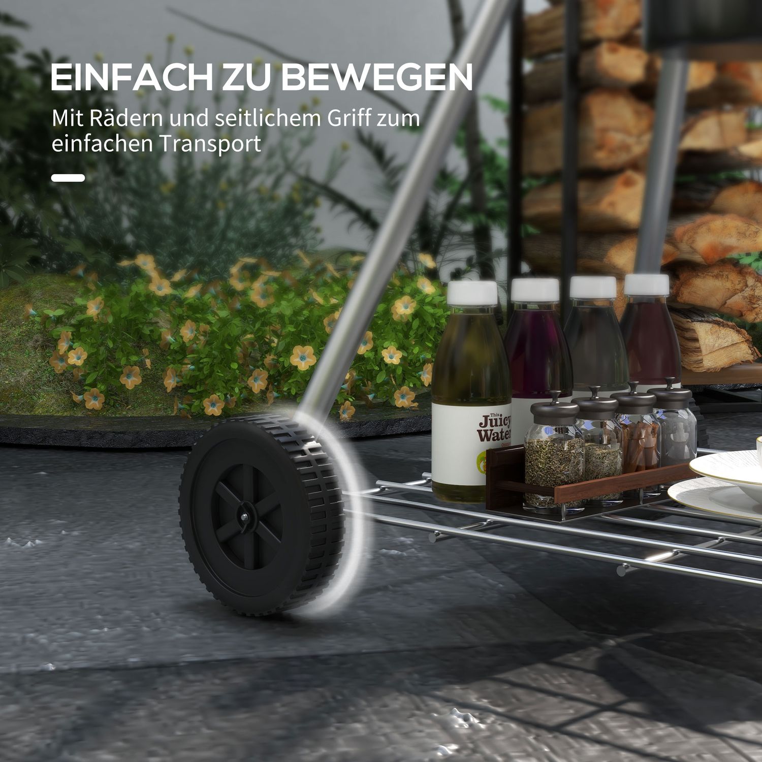 Kolgrill med hjul, hylla och termometer