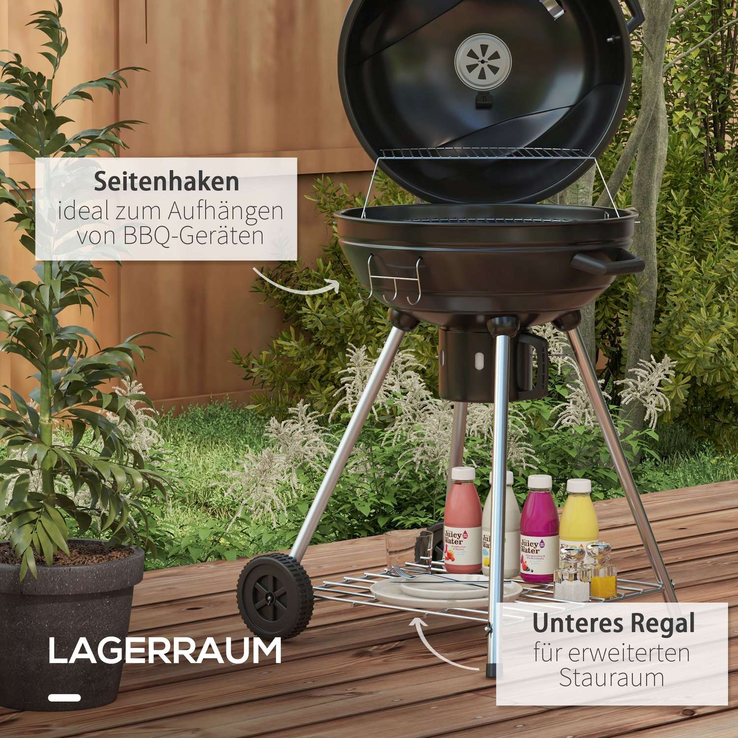 Kolgrill med hjul, hylla och termometer