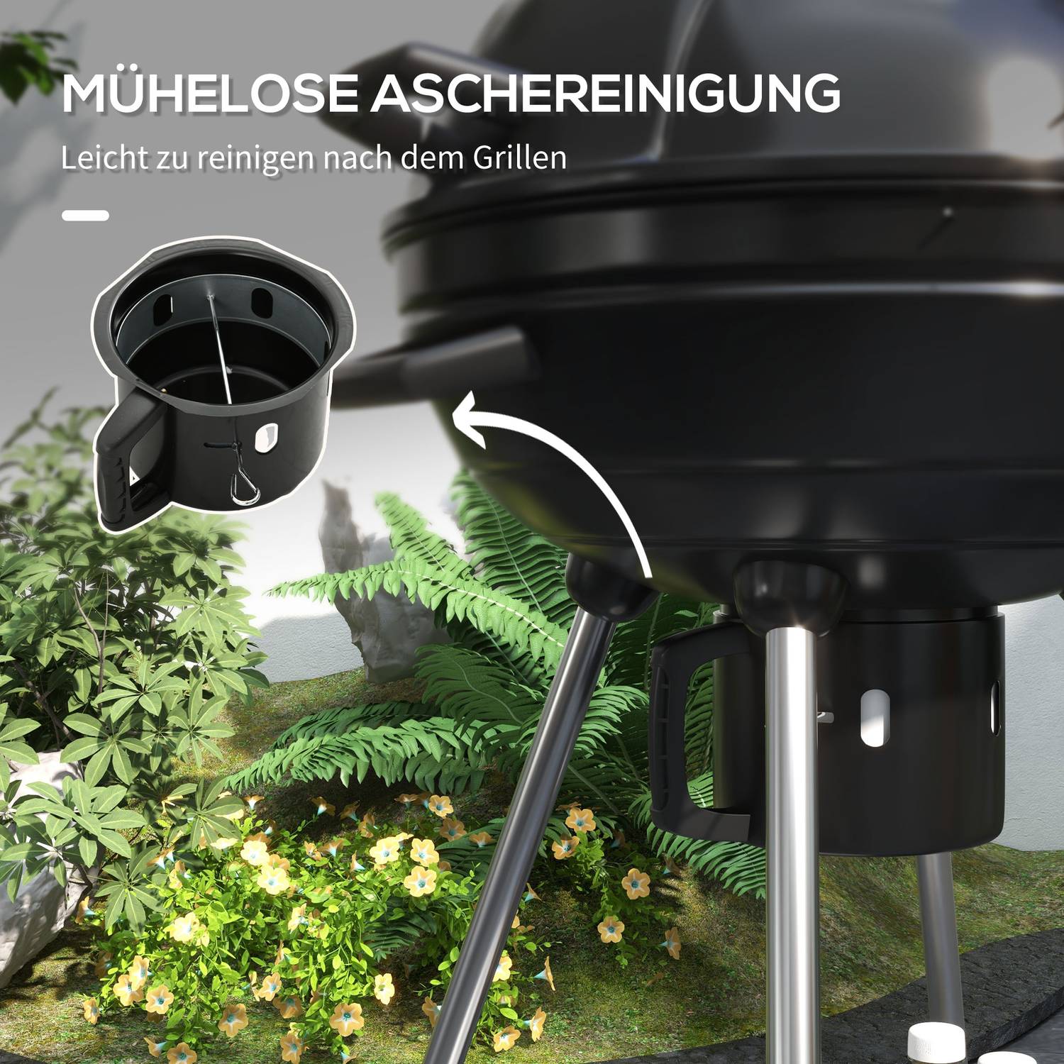 Kolgrill med hjul, hylla och termometer