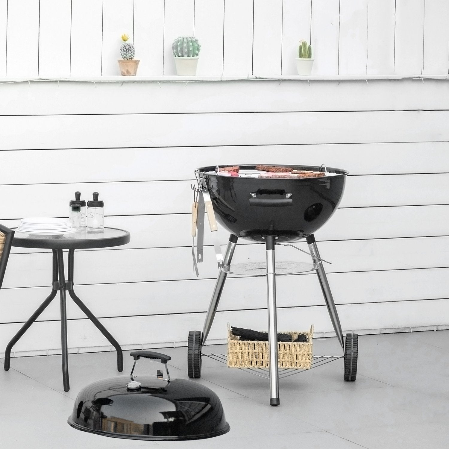 Kolgrill med lock, termometer & hylla - 65x65x108cm