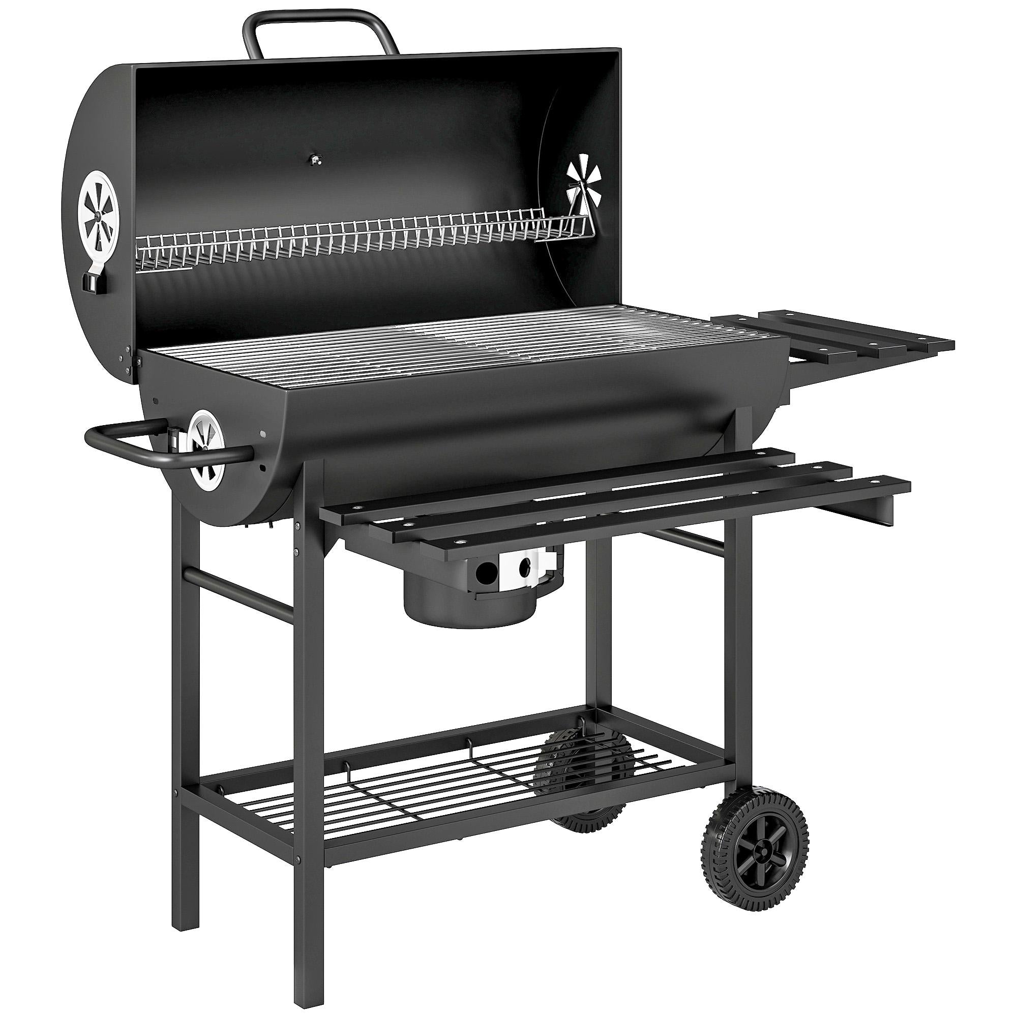 Kolgrill med termometer, justerbara ventiler, stål, svart