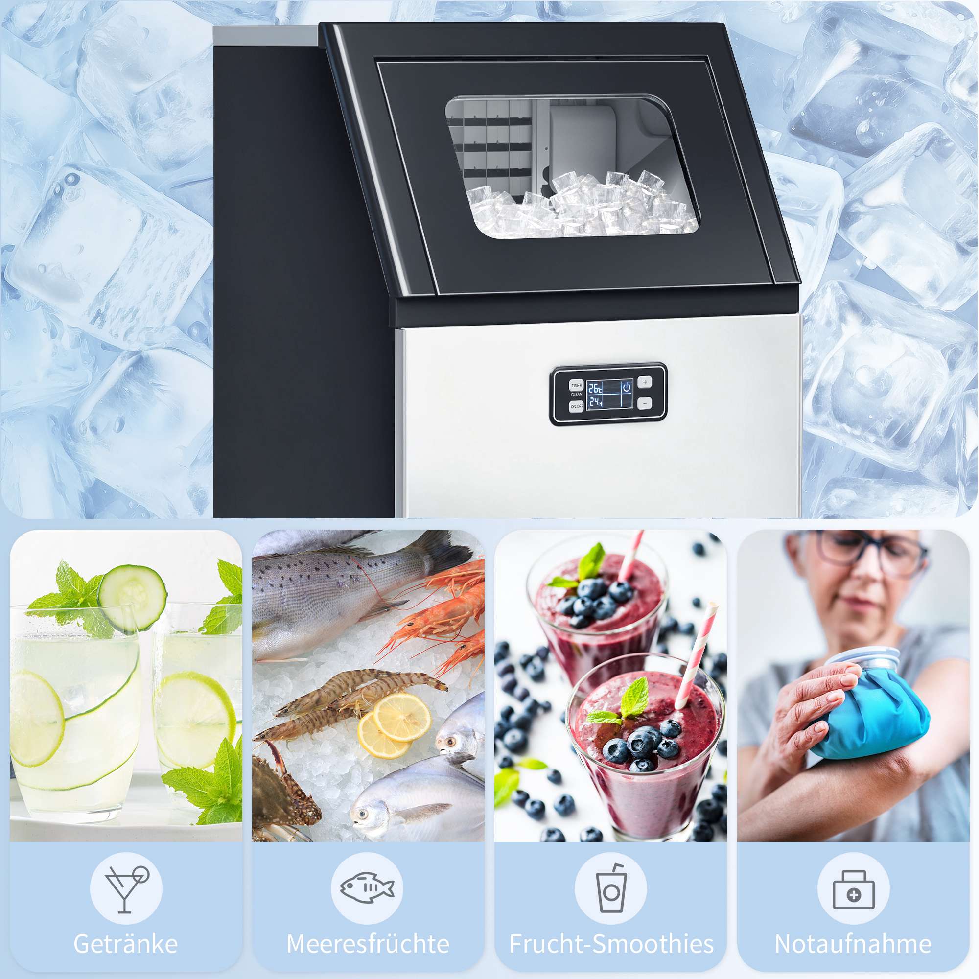 Kommersiell ismaskin, 45 kg/dag, rostfritt stål, LCD-skärm