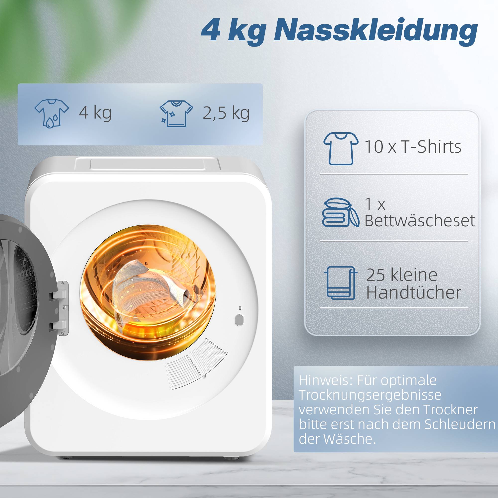 Kompakt 4 kg frontmatad torktumlare med rostfri trumma, 800 W