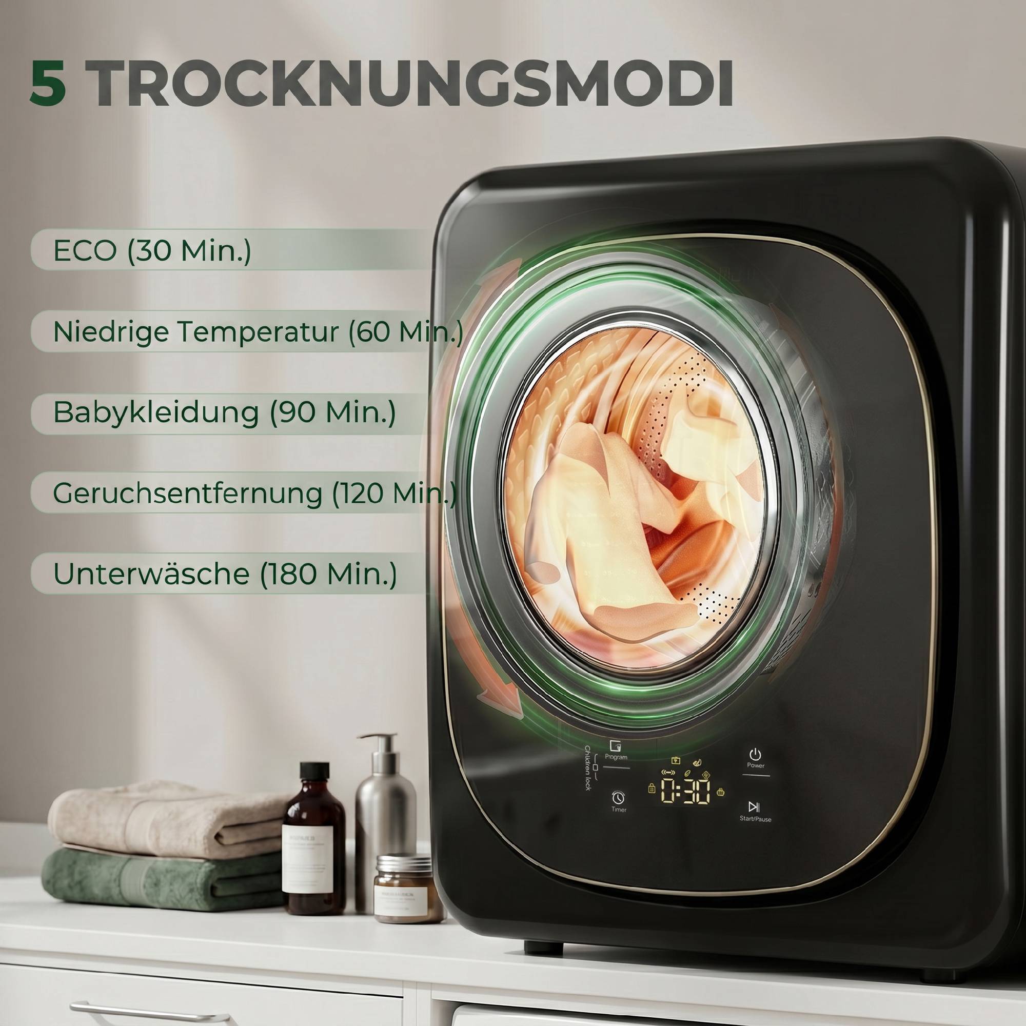 Kompakt 4 kg torktumlare – pekskärm, 5 lägen