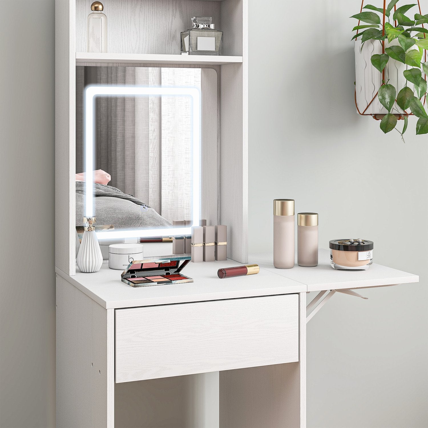 Kompakt sminkbord med spegel och LED-belysning, vikbar bordsskiva, öppna hyllor, låda, MDF, vit