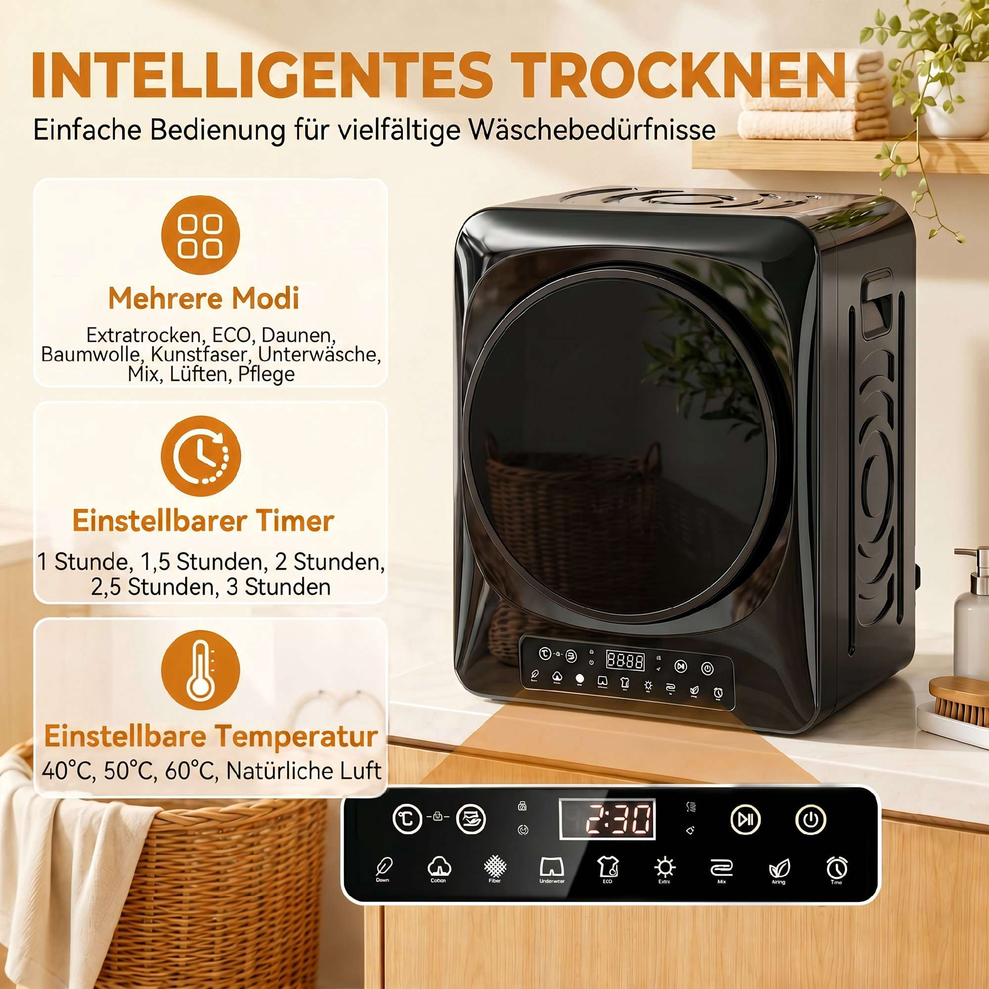 Kompakt ventilerad torktumlare, 5 kg, 1000 W, svart