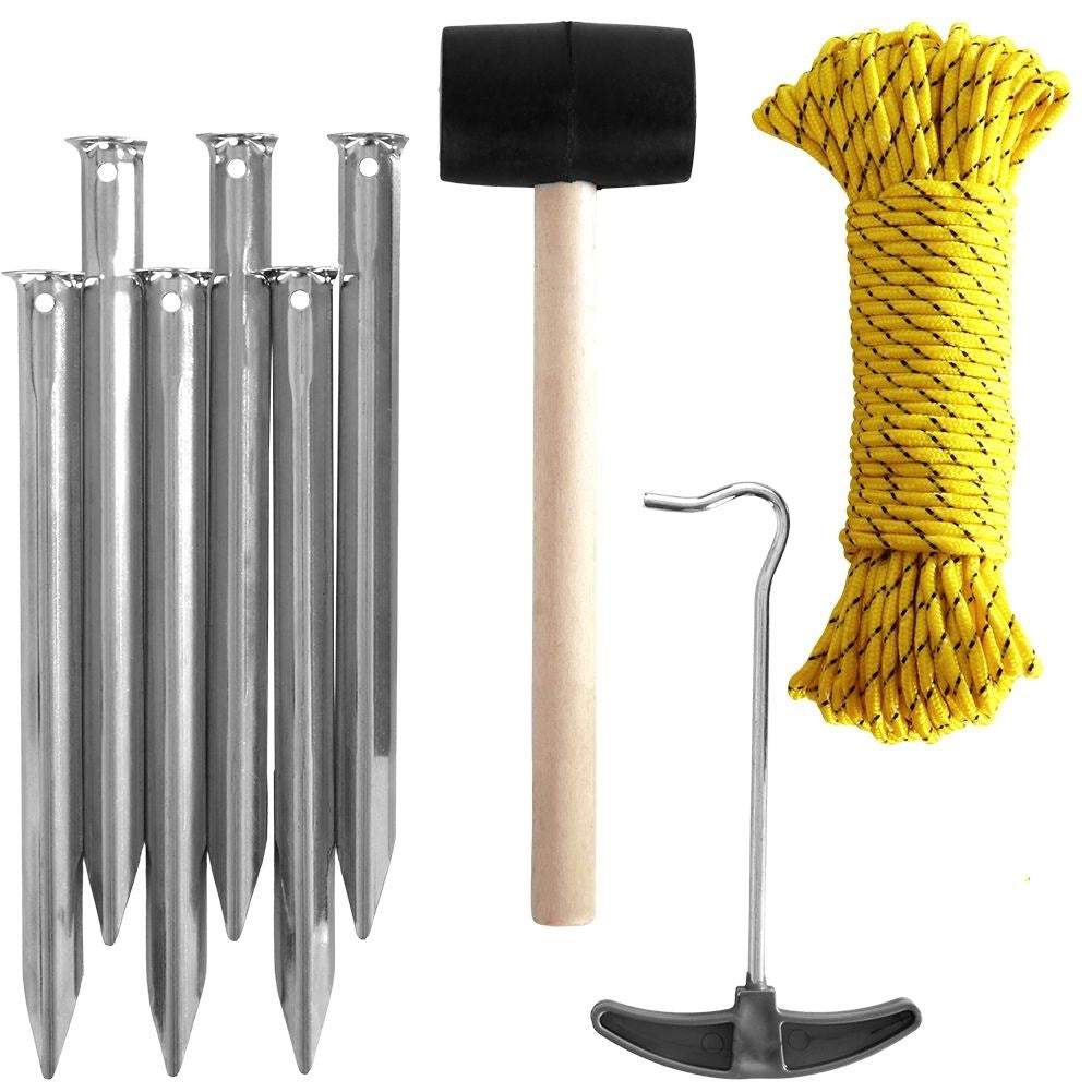 Komplett campingkit 9 delar: hammare, lina, tältpinnar, krok