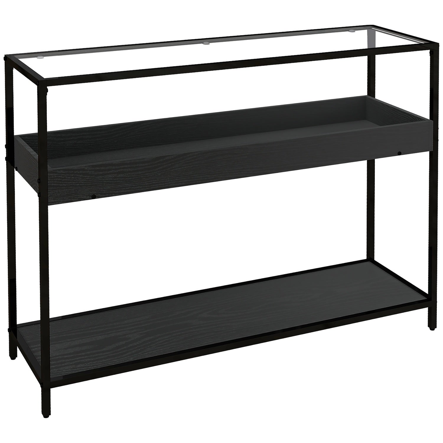 Svart stålkonsolbord med glasskiva och 2 hyllplan – 100x30x78 cm