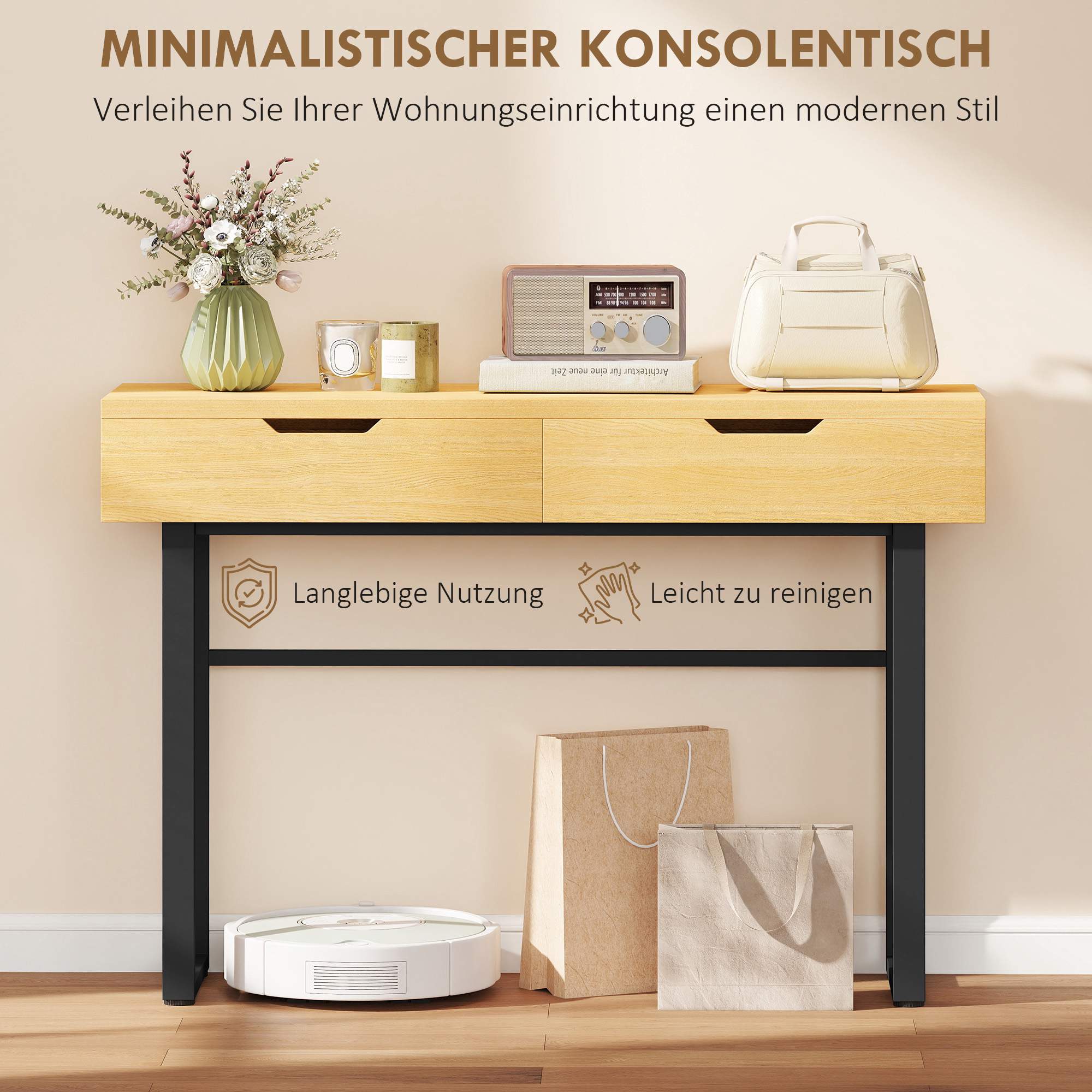 Konsolbord med 2 lådor, metallram, 110x35x76,5 cm