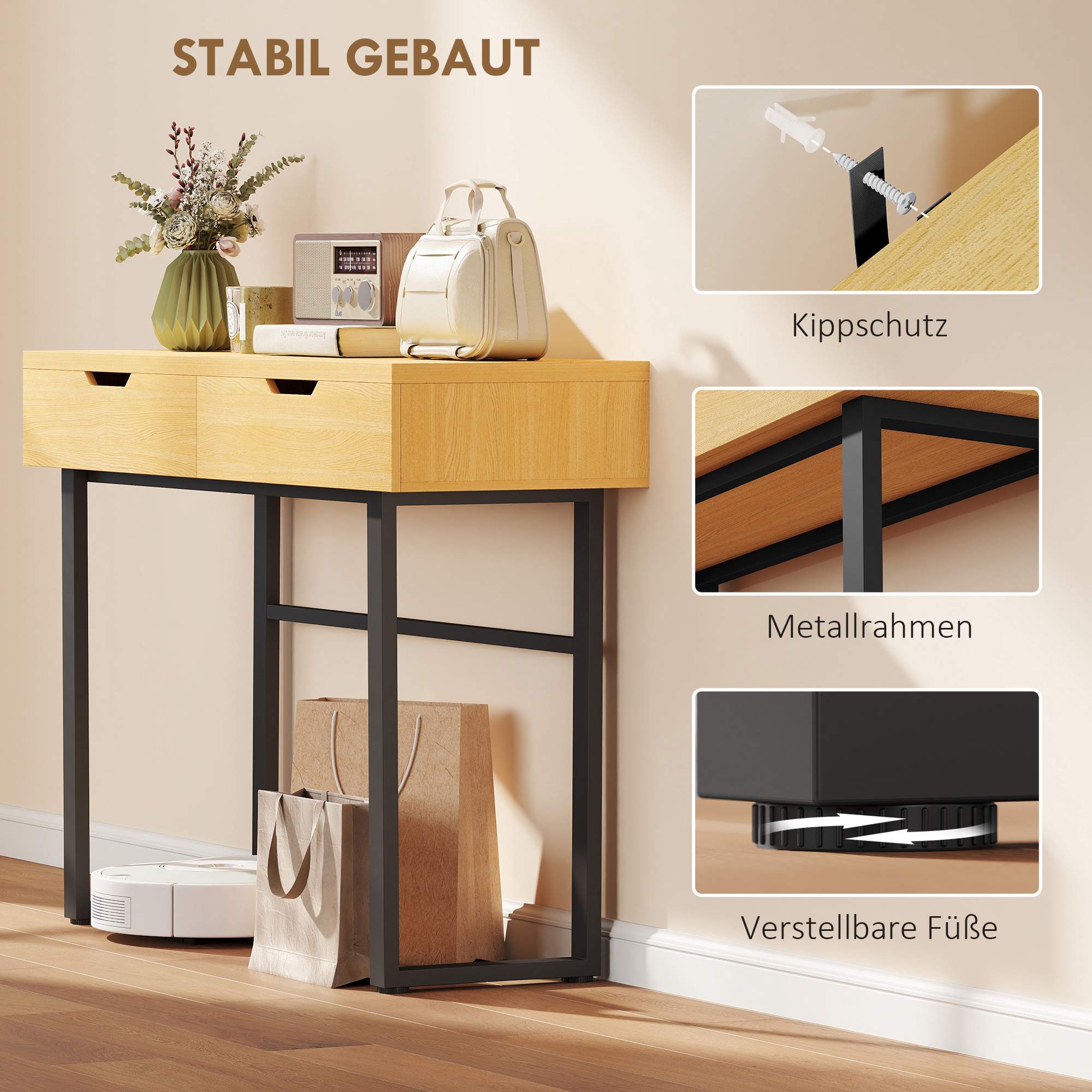 Konsolbord med 2 lådor, metallram, 110x35x76,5 cm