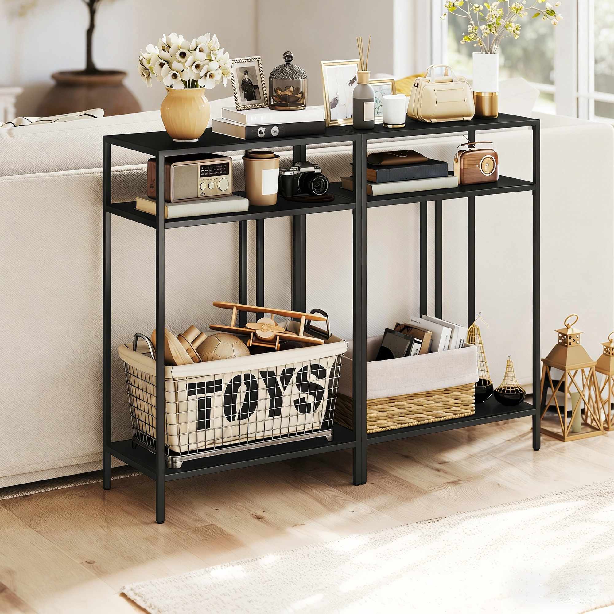 Konsolbord med 3 hyllor, metallram, svart, 55 cm