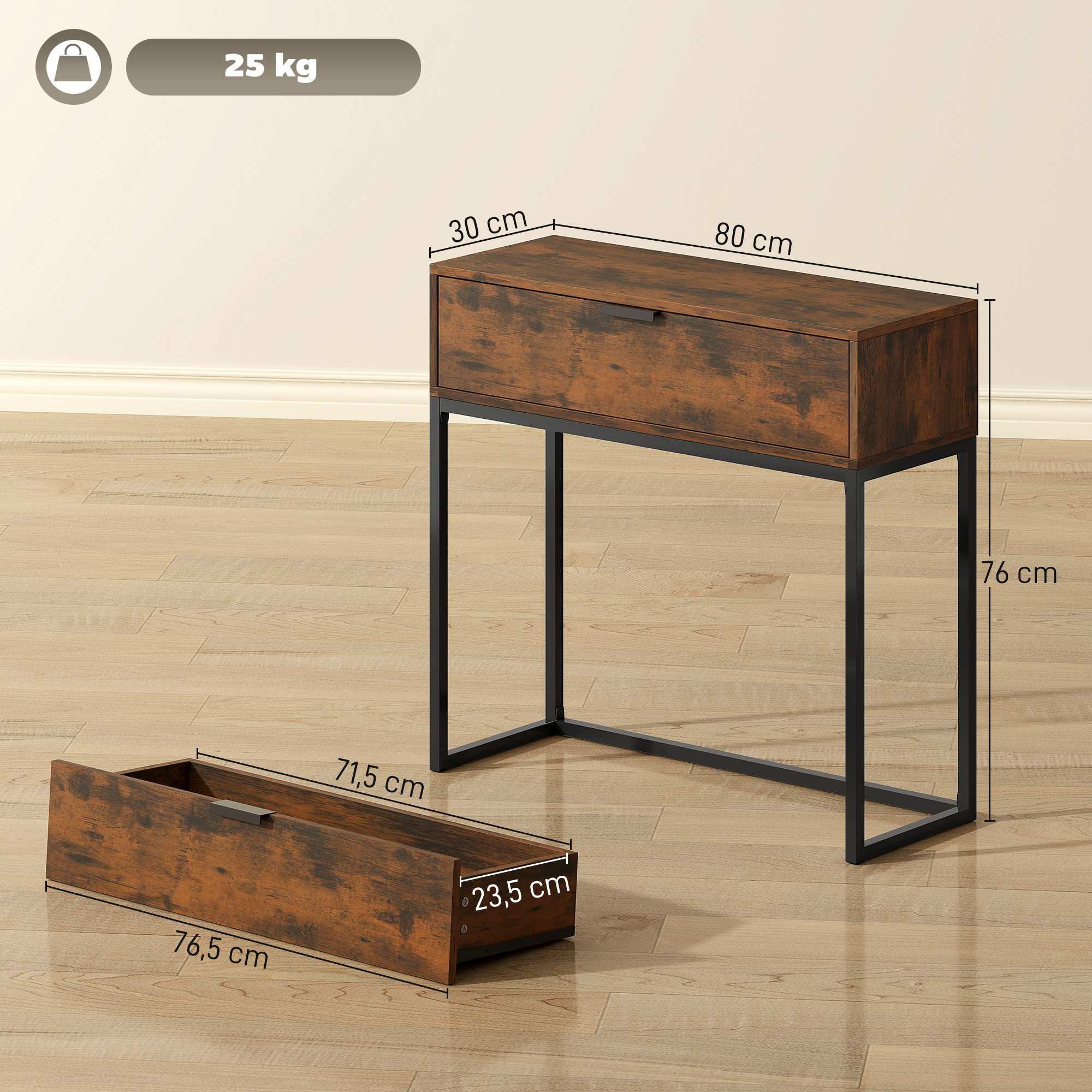 Konsolbord med låda, industriell design, 80x30x76 cm, svart
