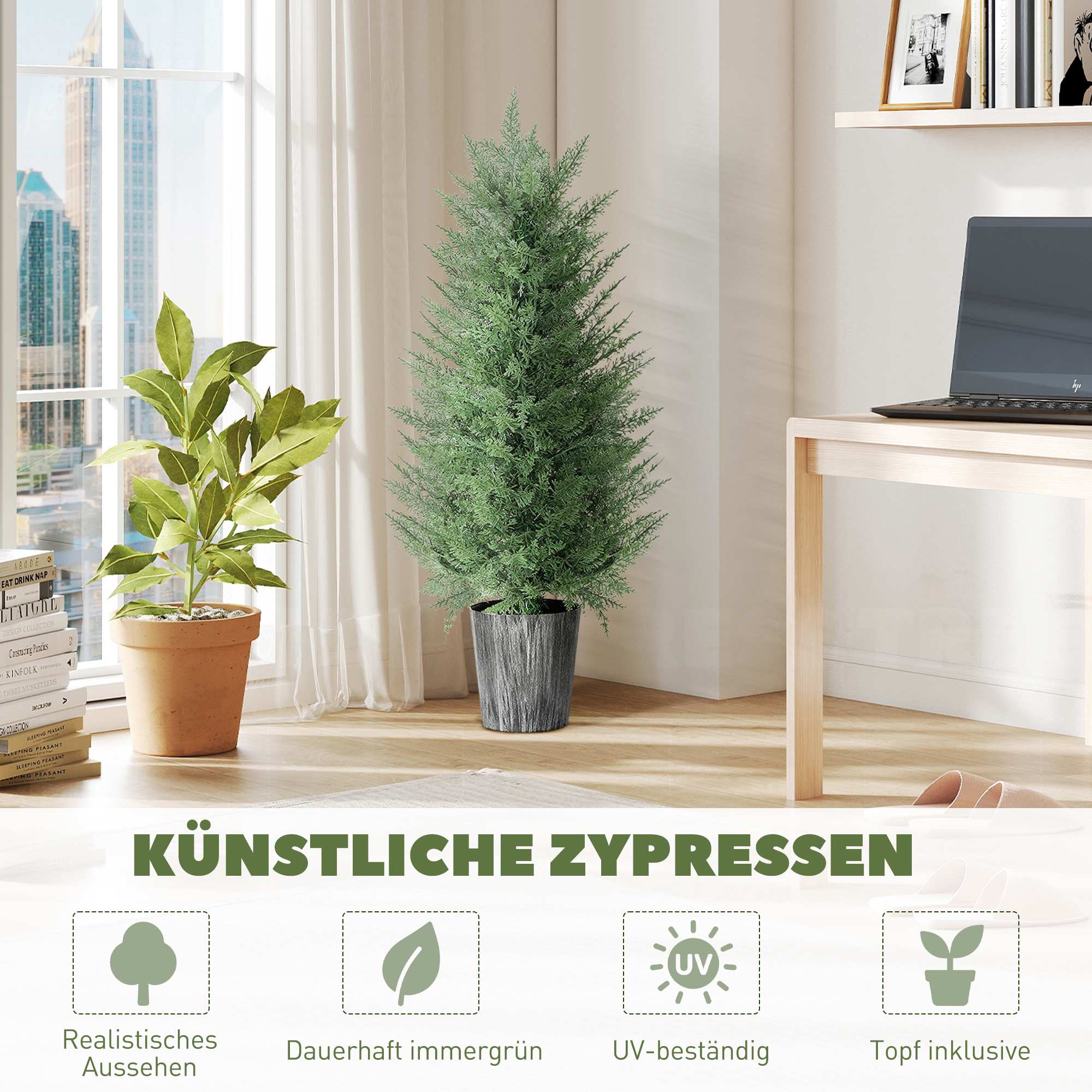 Konstgjorda cypresser, set, 2-pack, UV-resistenta, 81 löv
