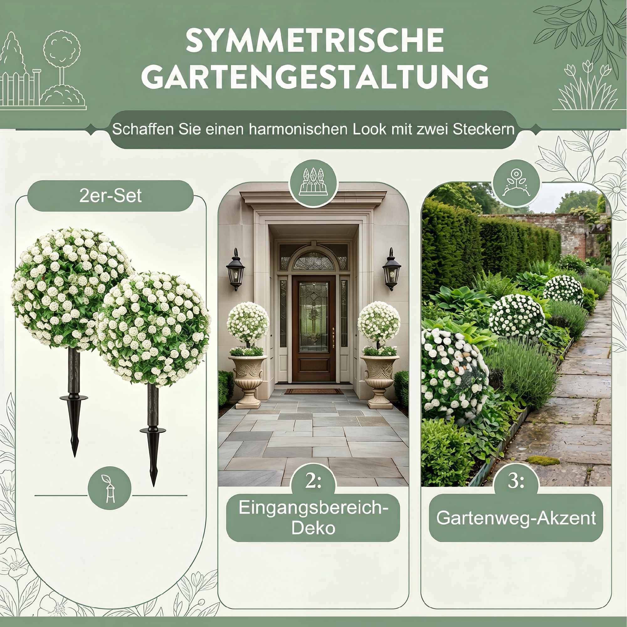 Konstgjorda rosbollar, topiary-stakar, 2-pack, UV-resistenta, vita