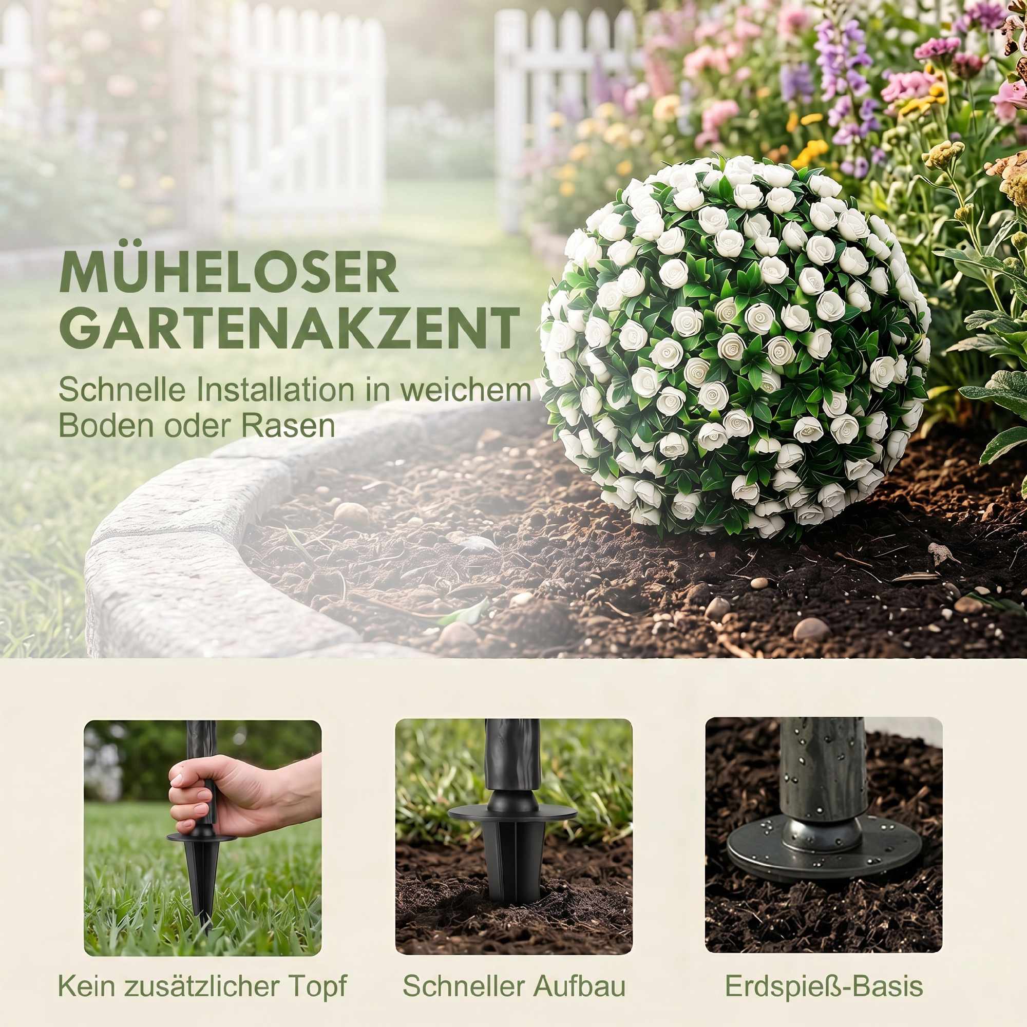 Konstgjorda rosbollar, topiary-stakar, 2-pack, UV-resistenta, vita