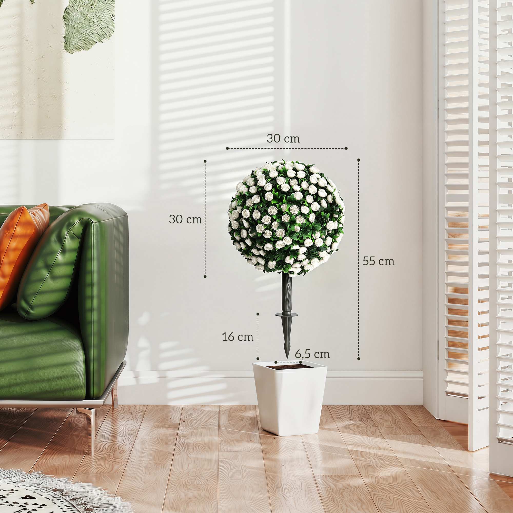 Konstgjorda rosbollar, topiary-stakar, 2-pack, UV-resistenta, vita