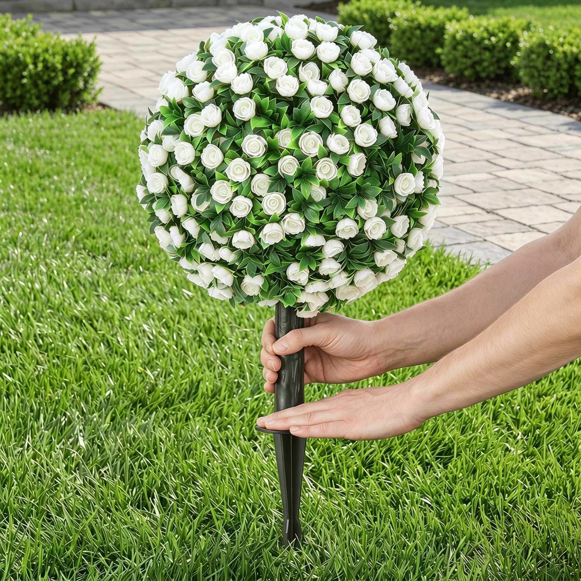 Konstgjorda rosbollar, topiary-stakar, 2-pack, UV-resistenta, vita