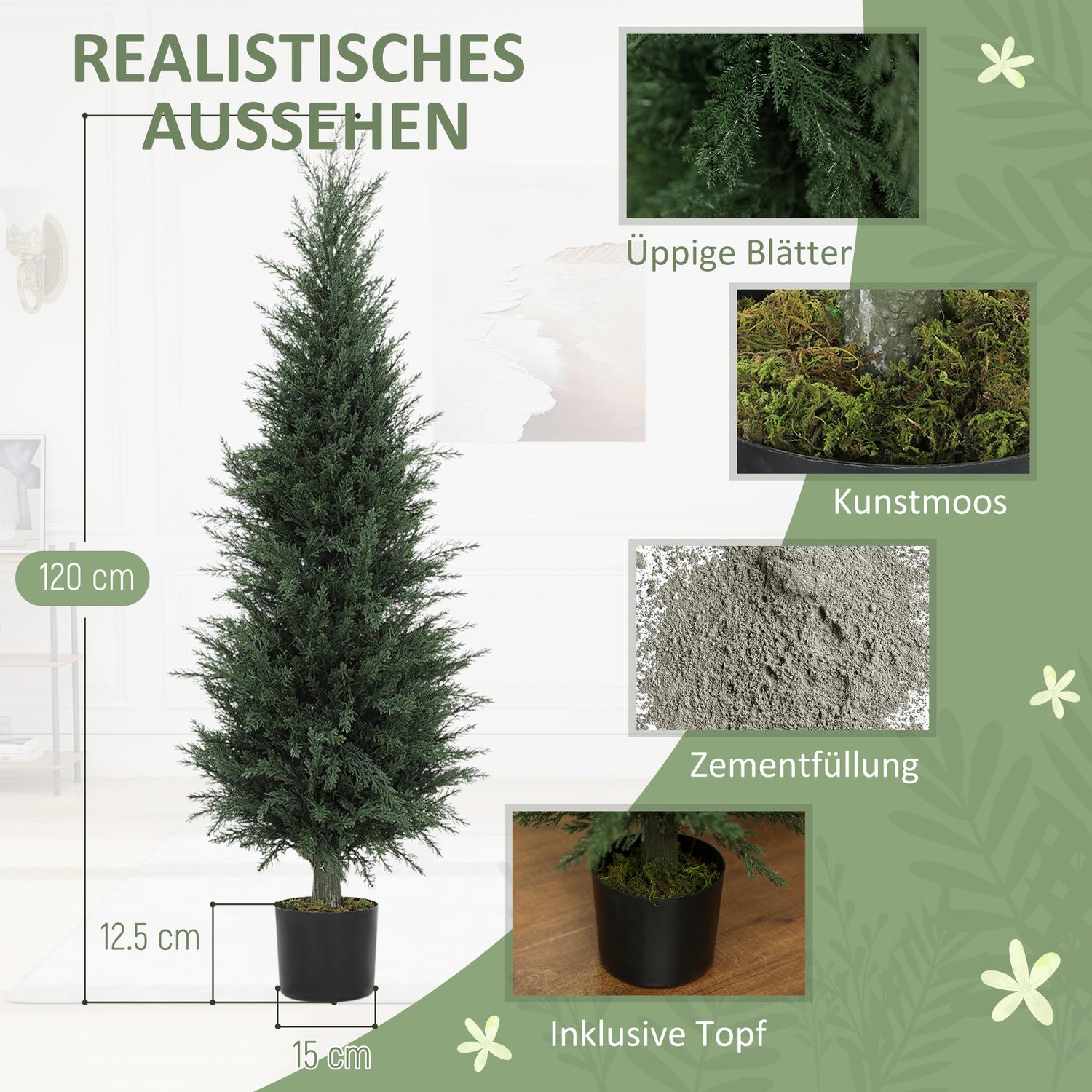 Konstgjord cypressväxt, 638 plastblad, med kruka, UV-beständig, grön