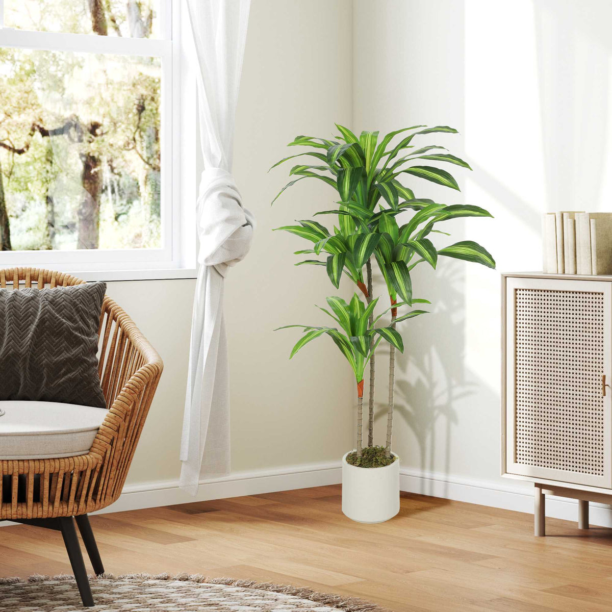 Kunstig dracaena 120 cm, fleksible stammer, hvit potte