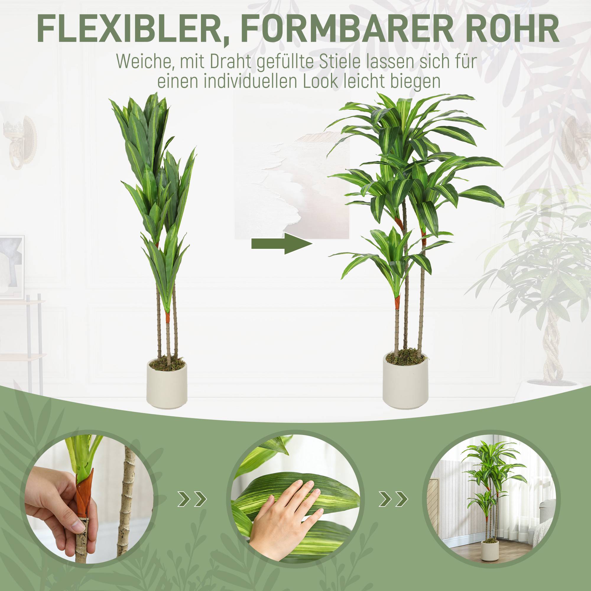 Konstgjord dracaena 120 cm, flexibla stammar, vit kruka