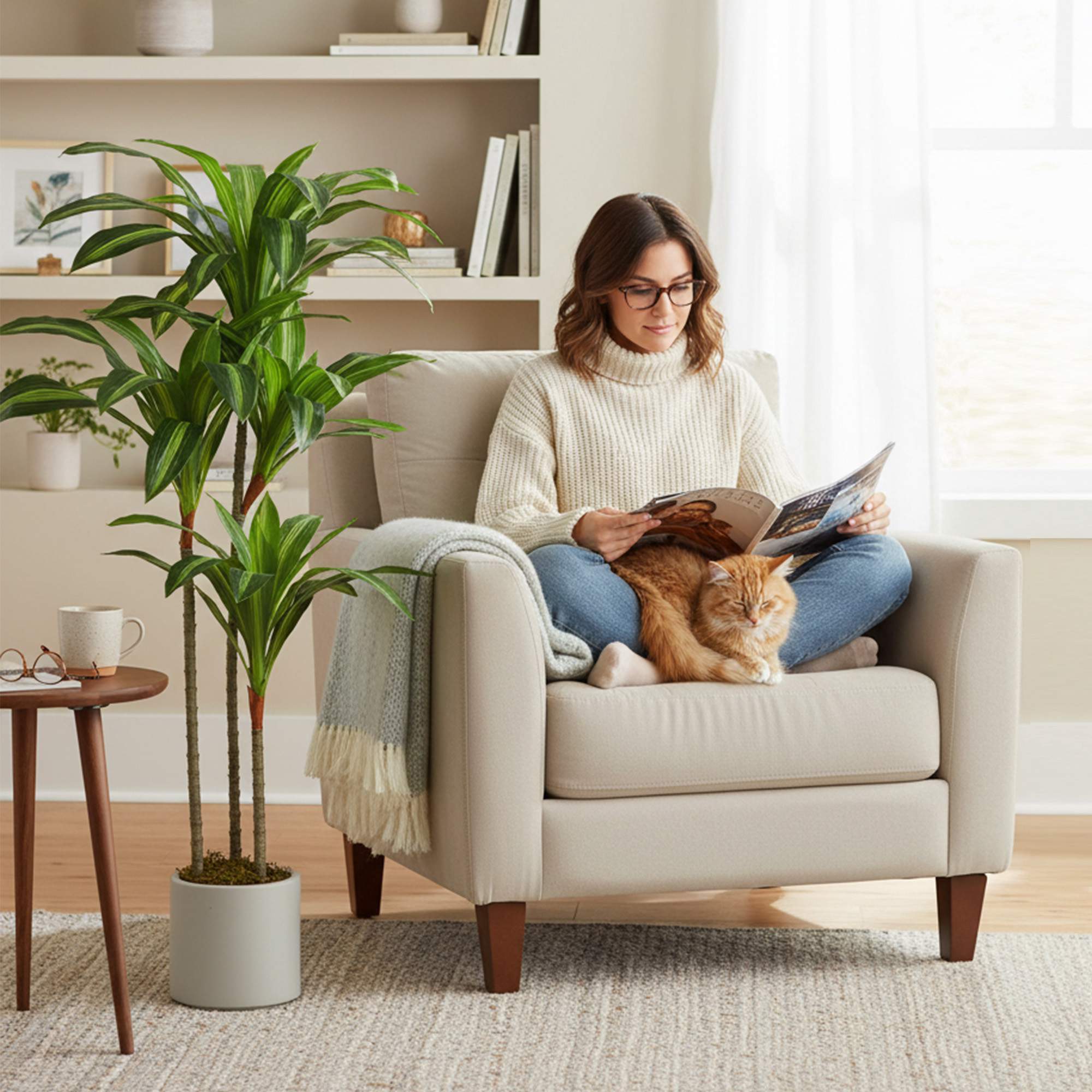 Konstgjord dracaena 120 cm, flexibla stammar, vit kruka