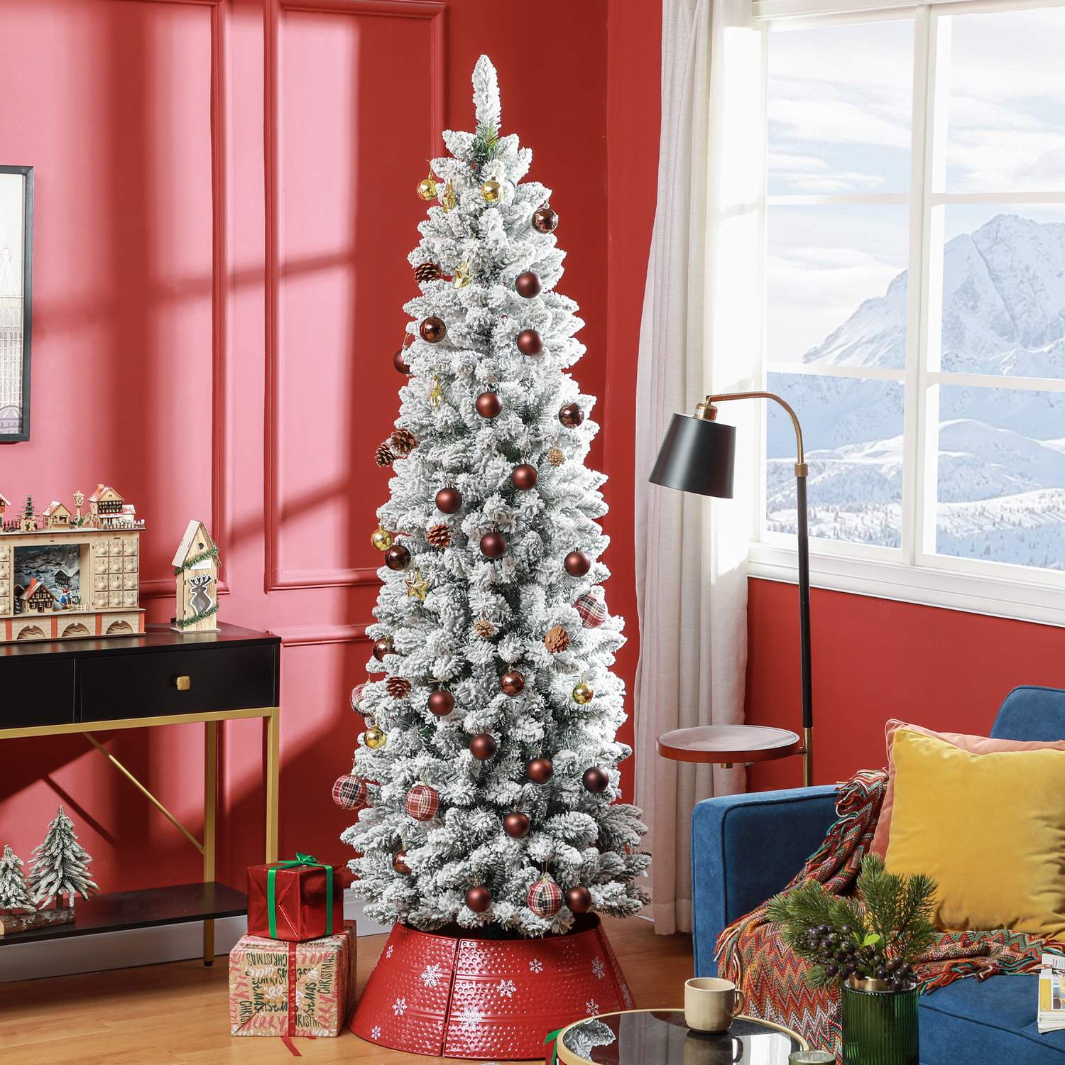 Konstgjord julgran, 210 cm, smal design, snötäckt