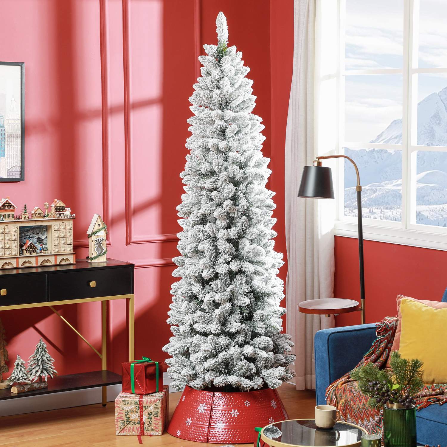 Konstgjord julgran, 210 cm, smal design, snötäckt