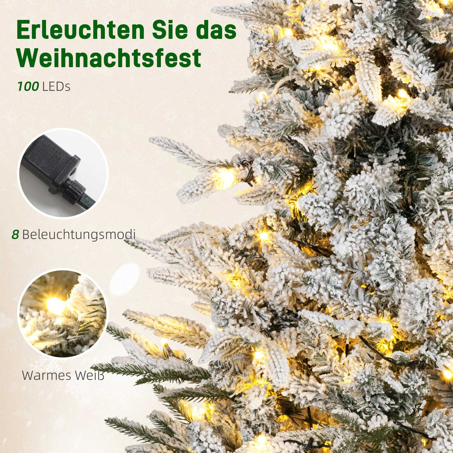 Konstgjord julgran, snöig look, 100 lysdioder, 8 lägen