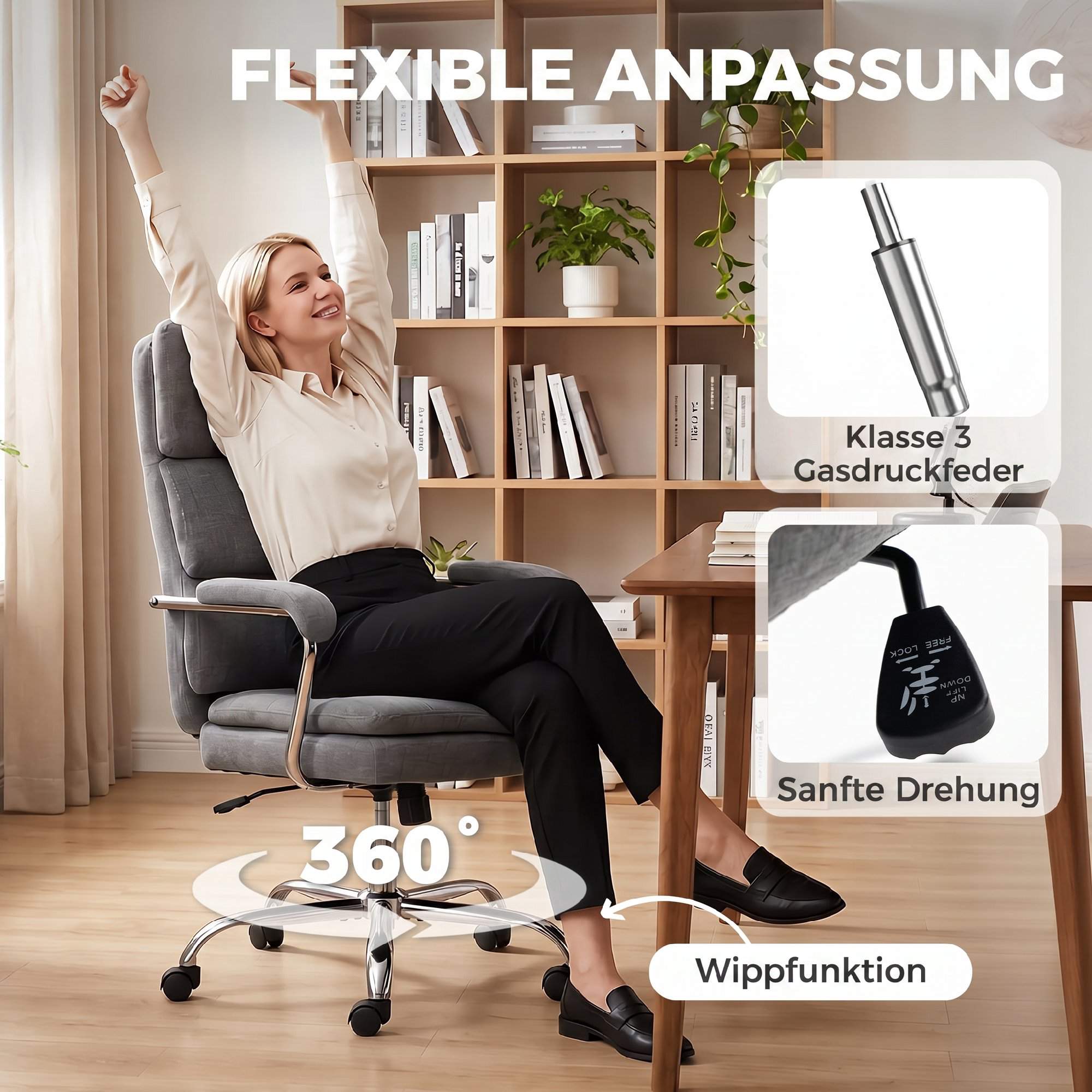 Kontorsstol, Höjdjusterbar 360 graders vridbar, Grå Chenille