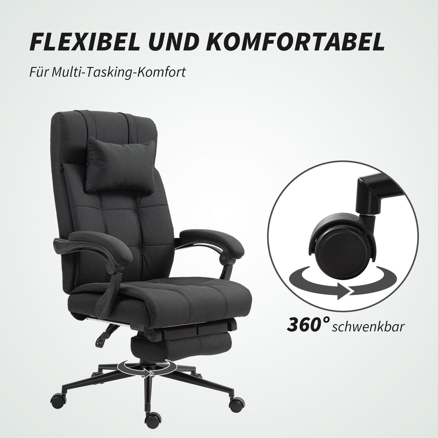 Kontorsstol med fotstöd, ergonomisk snurrstol, svart