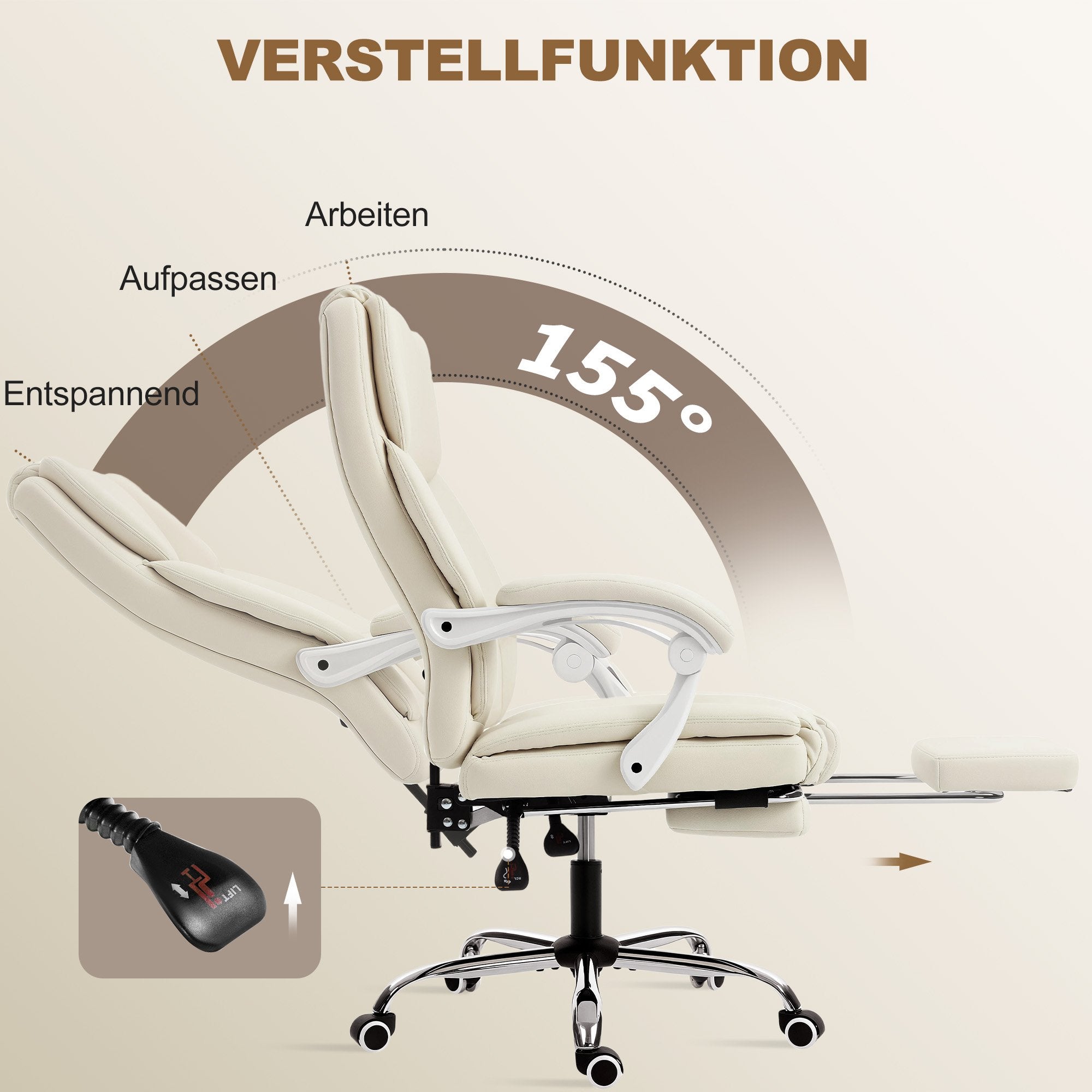 Kontorsstol med fotstöd, justerbar höjd, beige