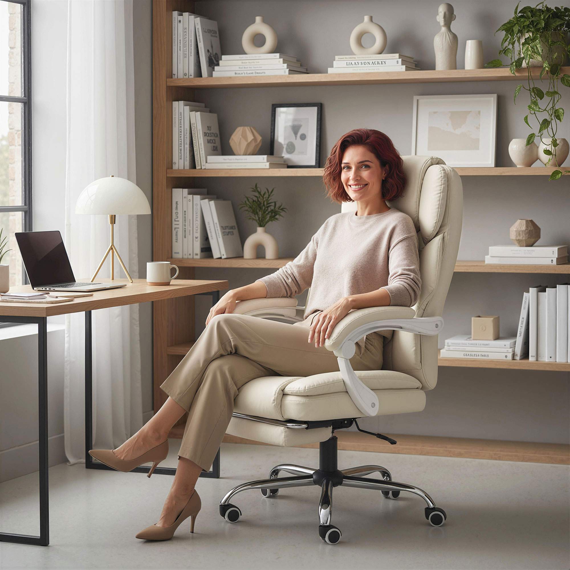 Kontorsstol med fotstöd, justerbar höjd, beige