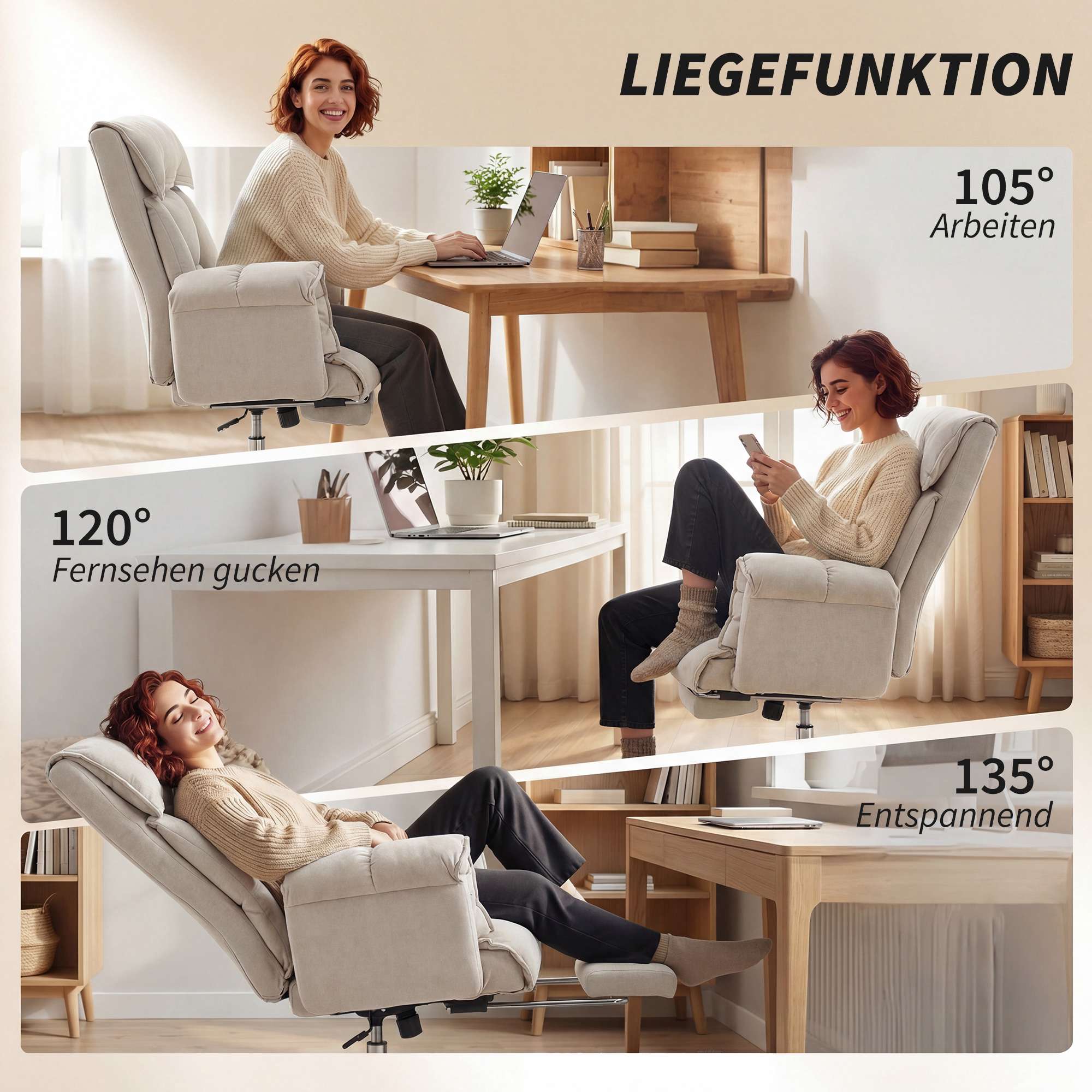 Kontorsstol med fotstöd, justerbar lutning, grå sammet