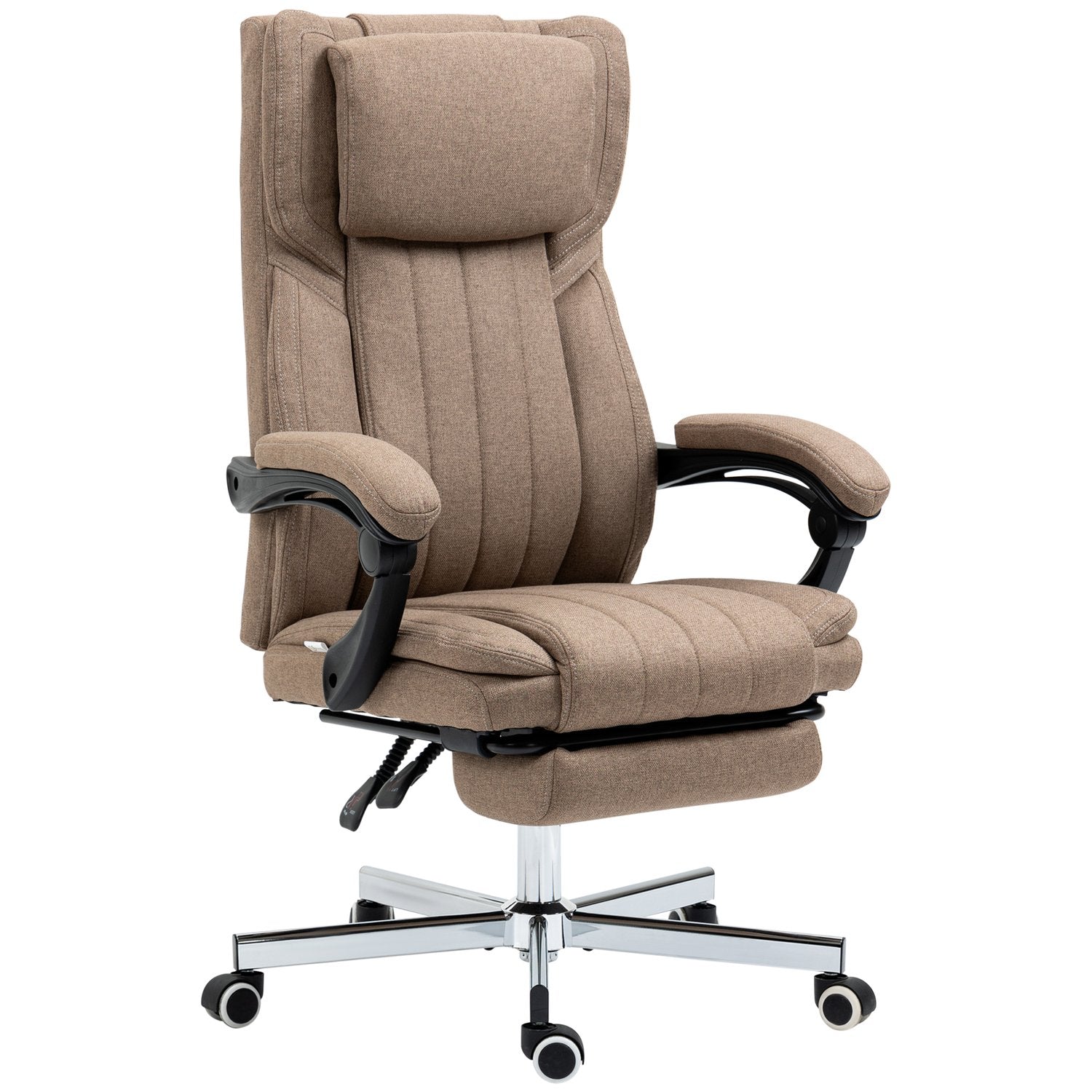 Kontorsstol med massagefunktion, fällbart ryggstöd, utdragbart fotstöd, linnelook, 65 x 61 x 113 cm, brun