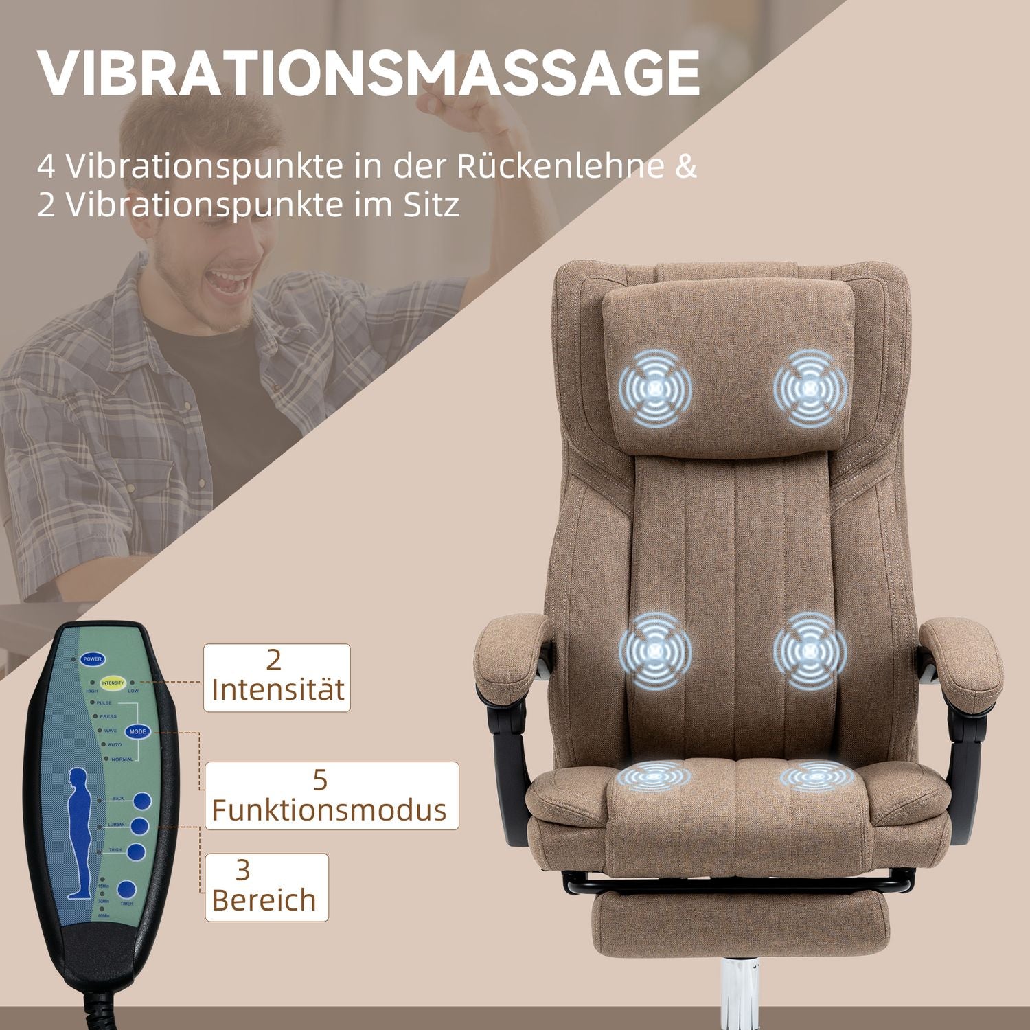 Kontorsstol med massagefunktion, fällbart ryggstöd, utdragbart fotstöd, linnelook, 65 x 61 x 113 cm, brun