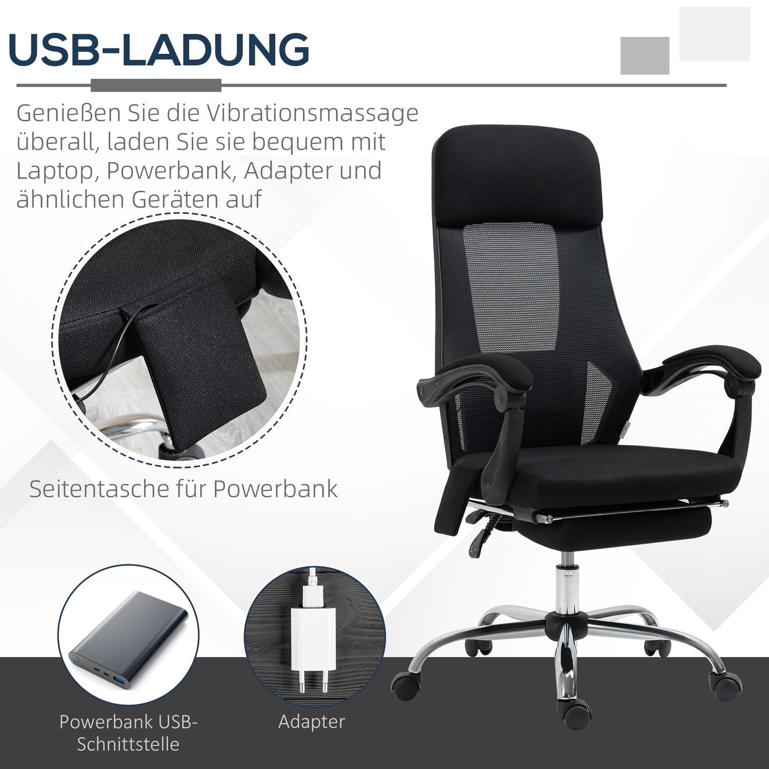 Kontorsstol med massage, lutning och fotstöd – Meshtyg