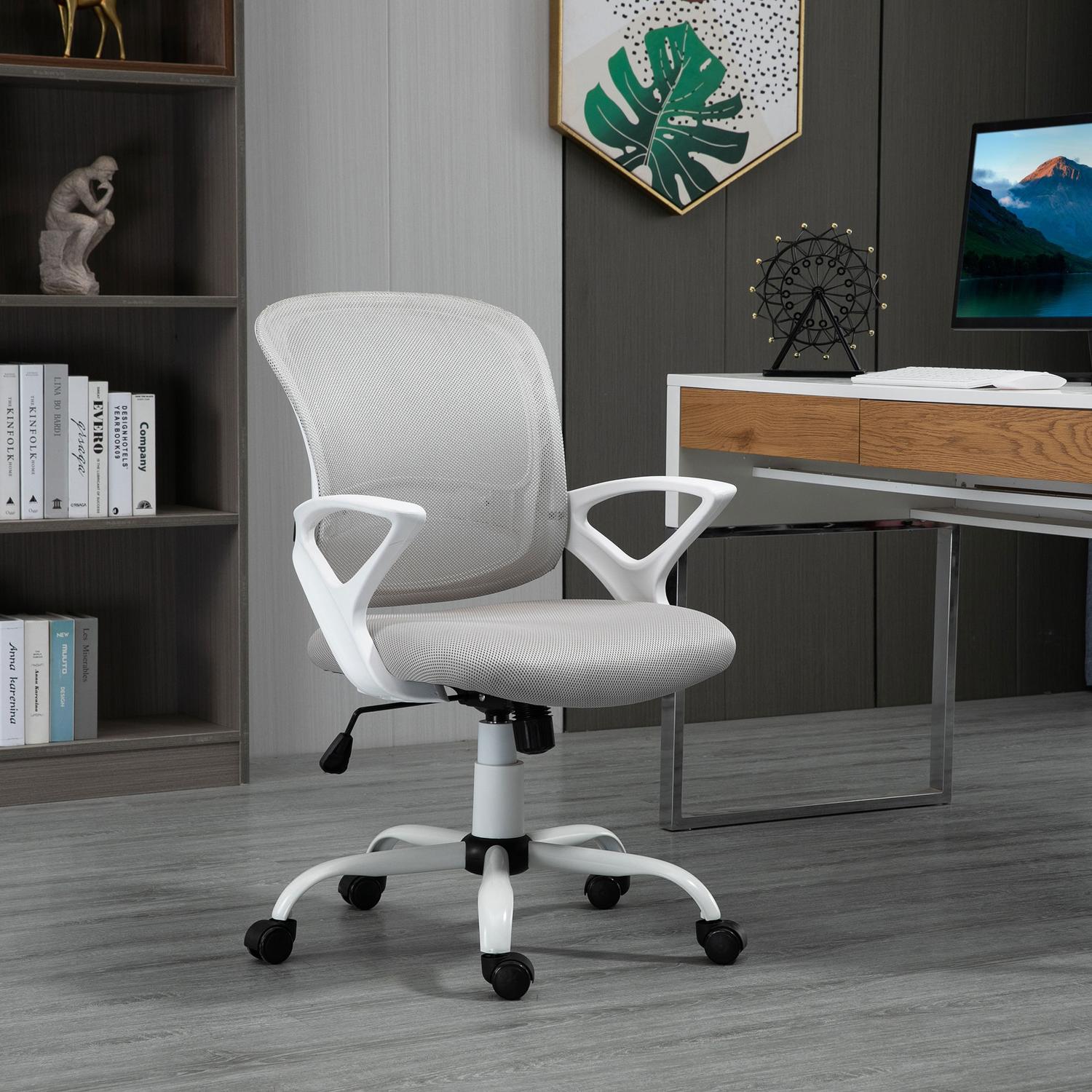 Kontorsstol, skrivbordsstol med hjul, ergonomisk, höj- och sänkbar, grå