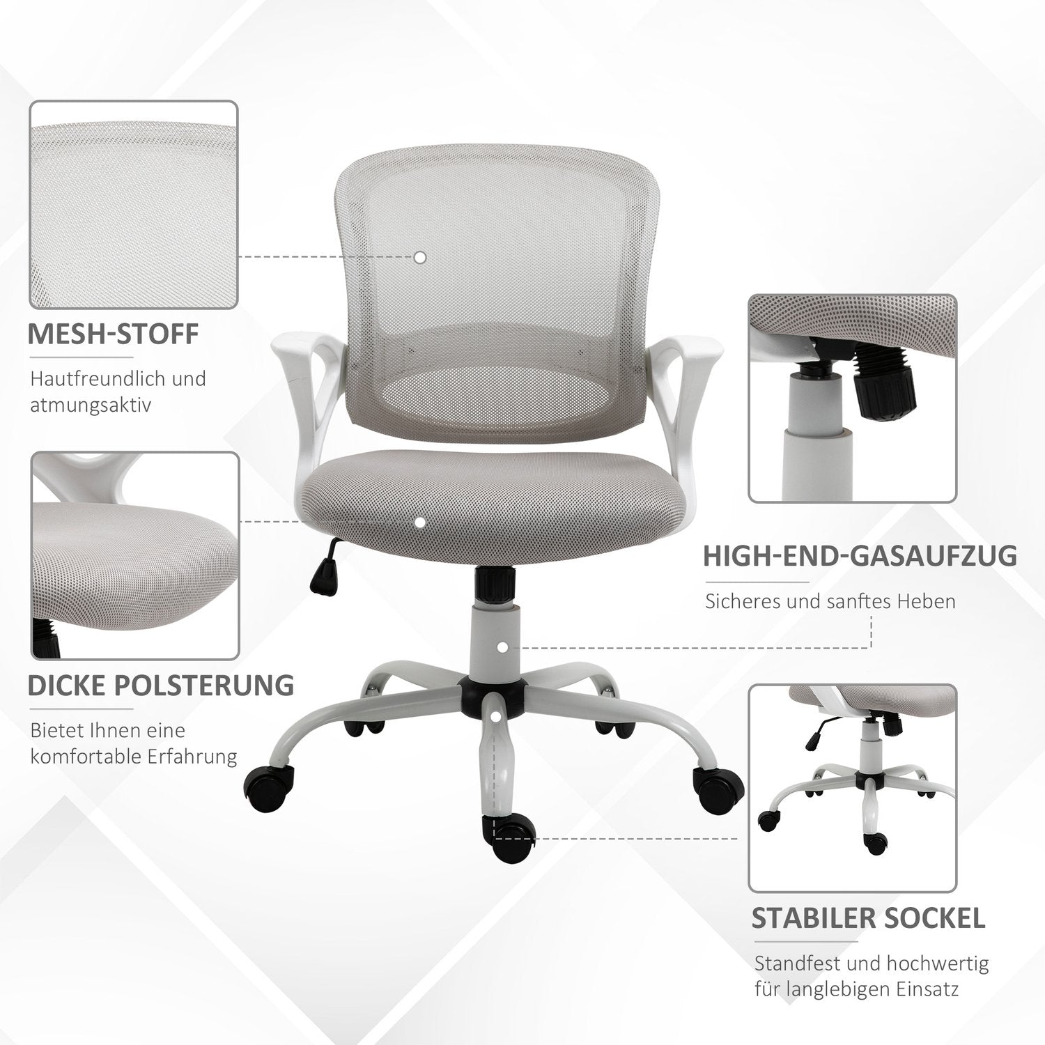 Kontorsstol, skrivbordsstol med hjul, ergonomisk, höj- och sänkbar, grå